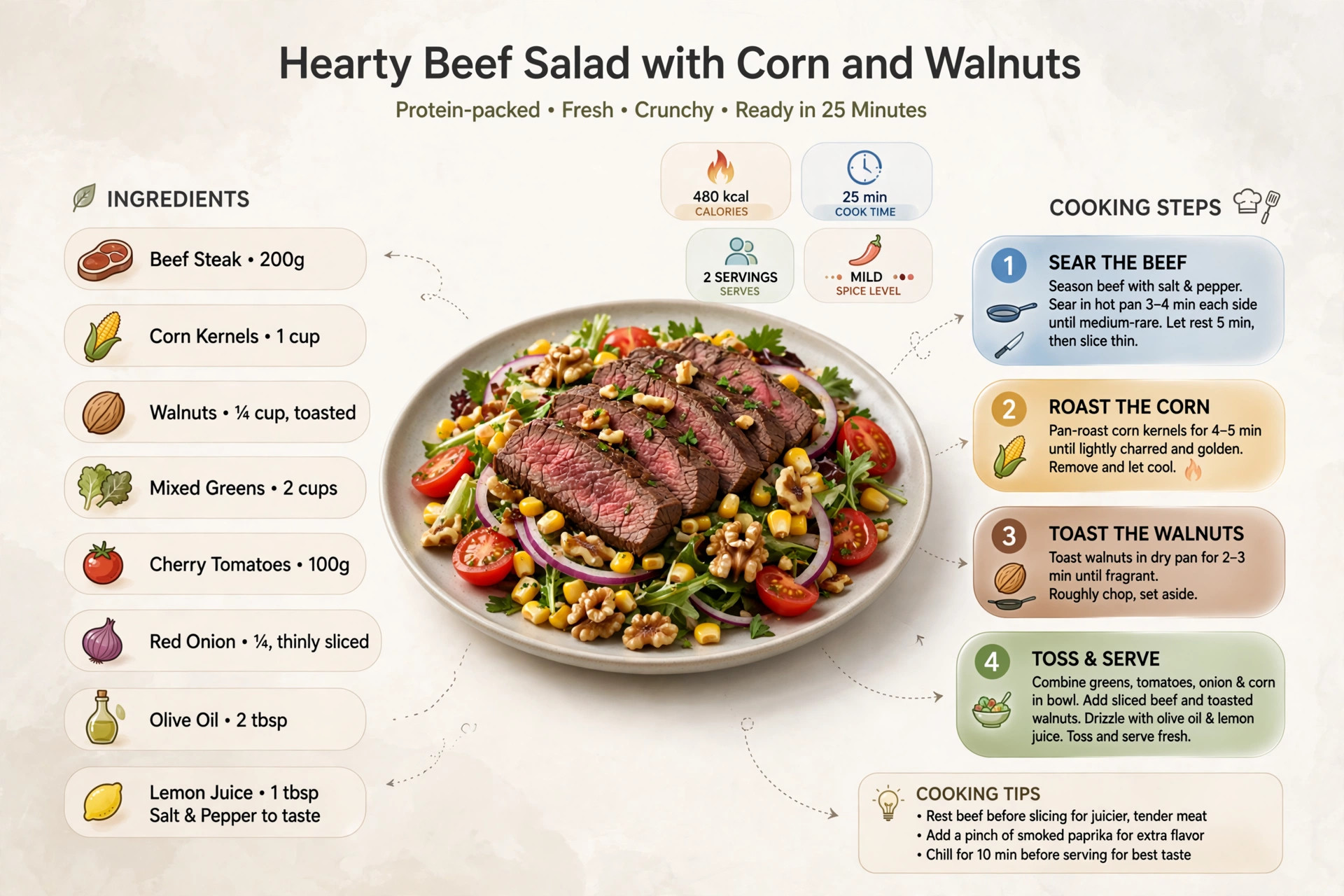 Recipe infographic: Hearty Beef Salad with Corn and Walnuts — ingredients and step-by-step visual guide