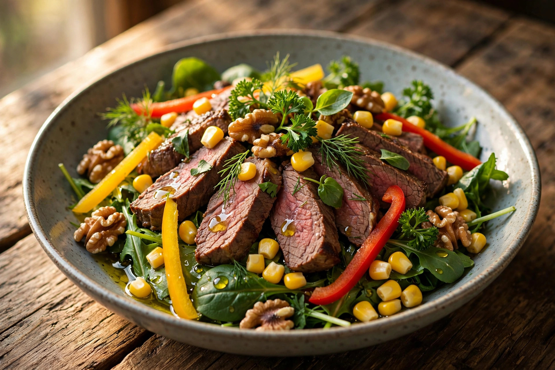 Hearty beef salad with corn, bell peppers and walnuts in a serving bowl