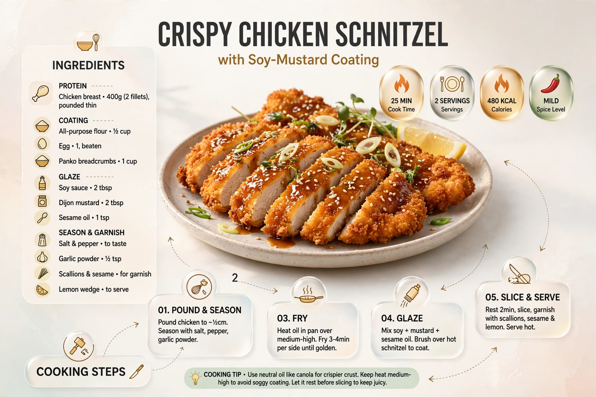Recipe infographic: Crispy Chicken Schnitzel with Soy-Mustard Coating — ingredients and step-by-step visual guide