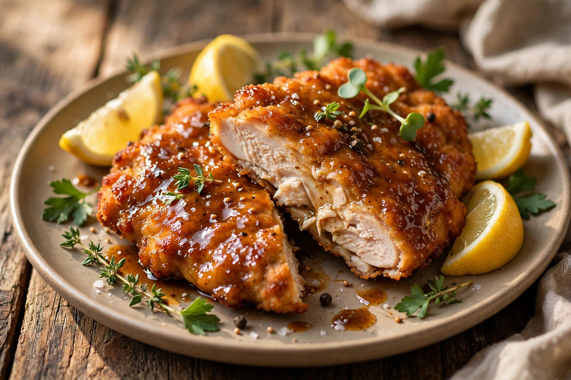 Crispy golden chicken schnitzel with soy-mustard coating on a plate