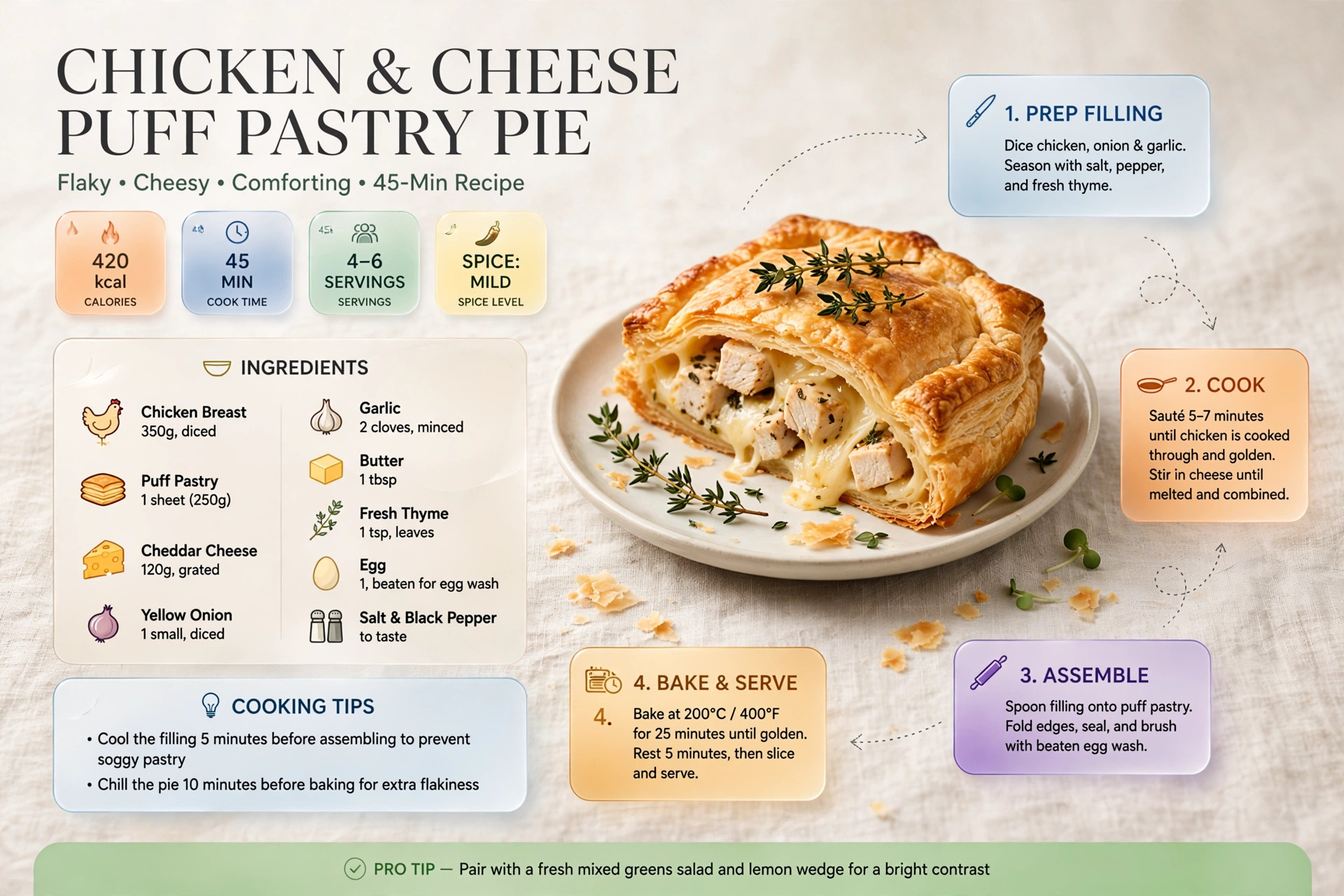Recipe infographic: Chicken and Cheese Puff Pastry Pie — ingredients and step-by-step visual guide