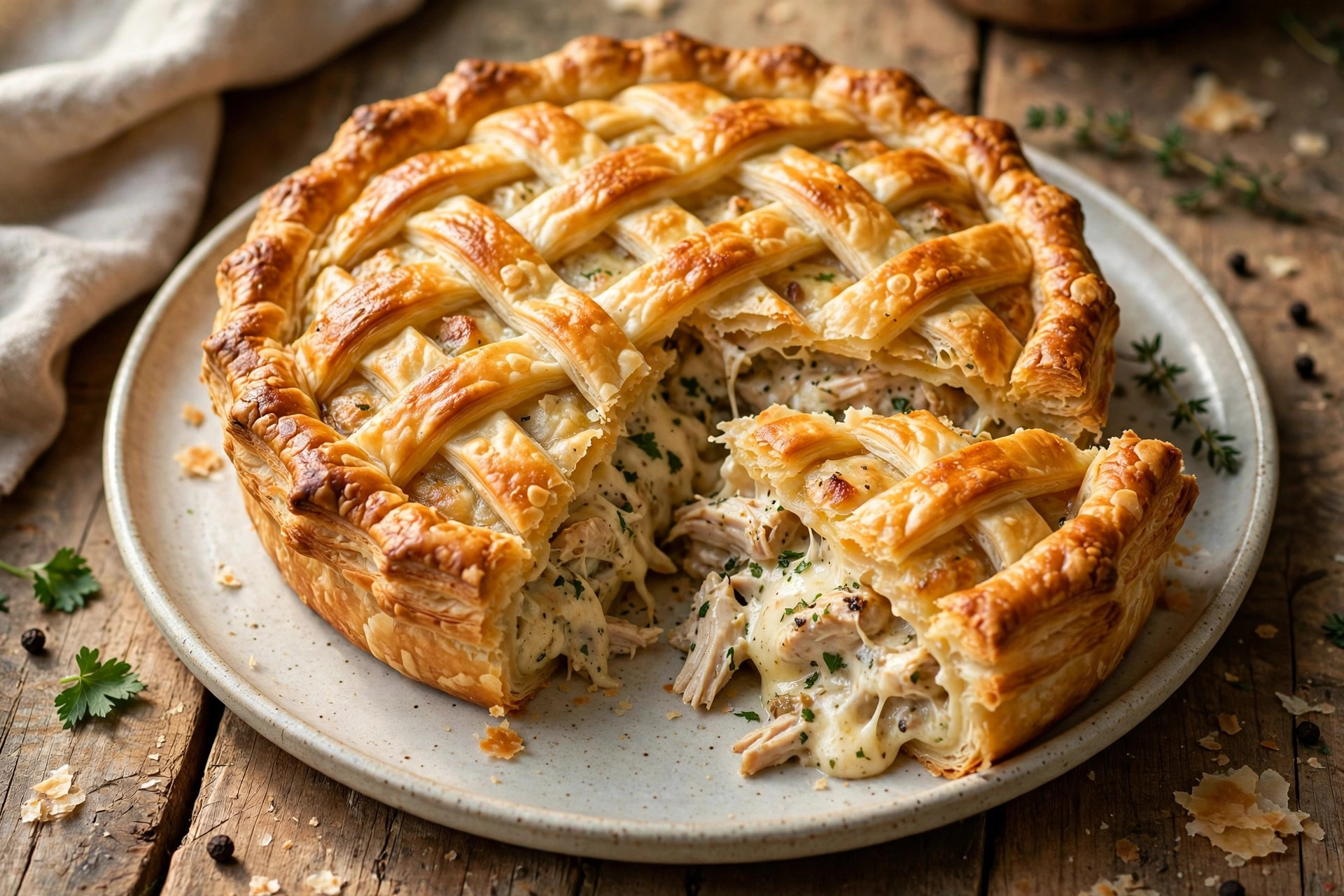 Golden chicken and cheese puff pastry pie with lattice top, fresh from the oven