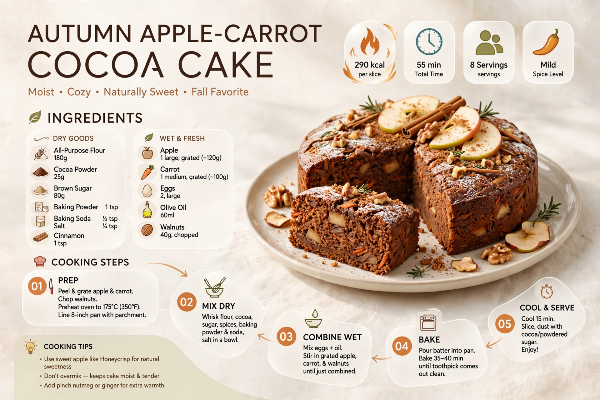 Recipe infographic: Autumn Apple-Carrot Cocoa Cake — ingredients and step-by-step visual guide