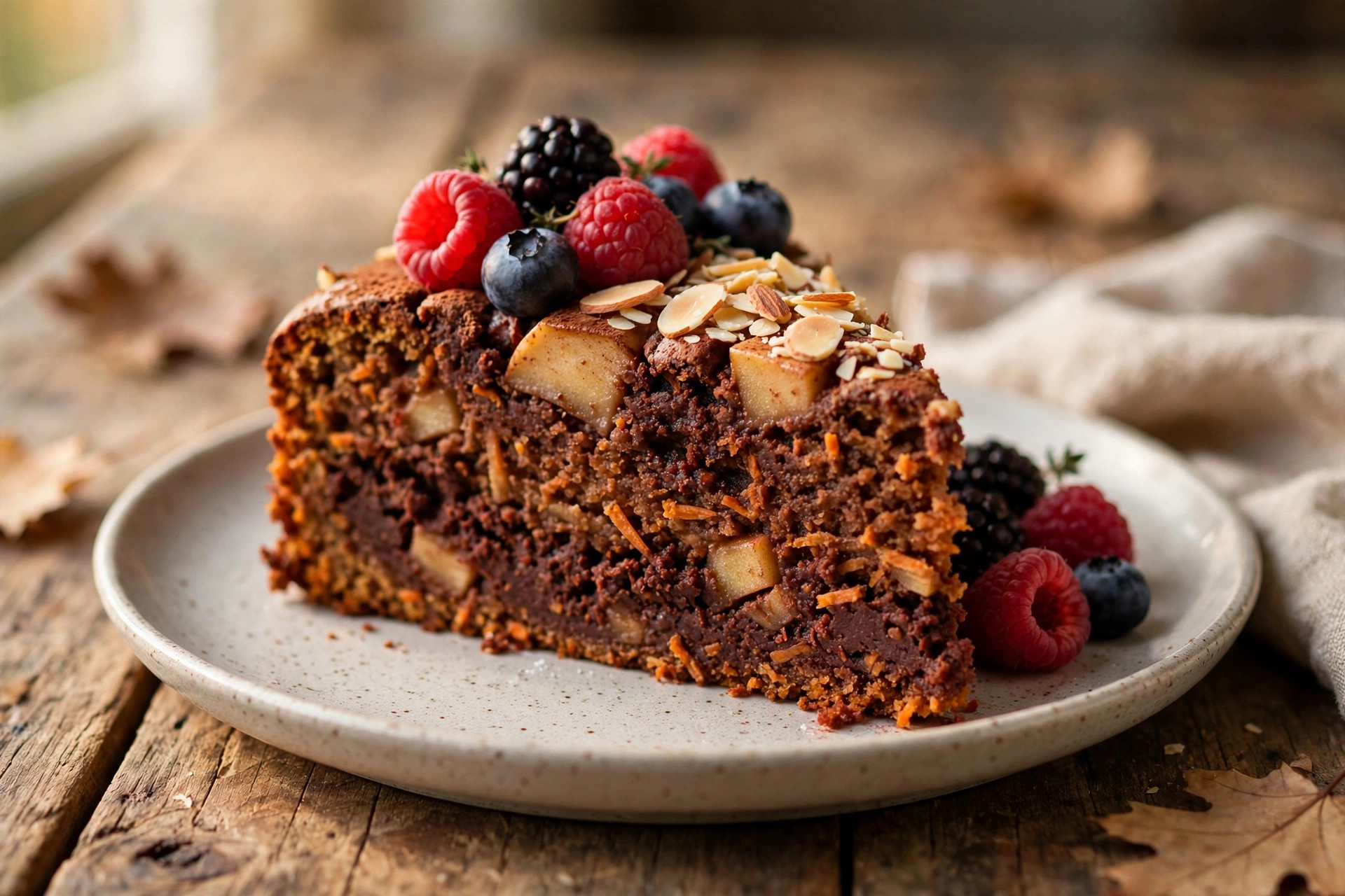 Autumn apple-carrot cocoa cake topped with fresh berries and almond flakes