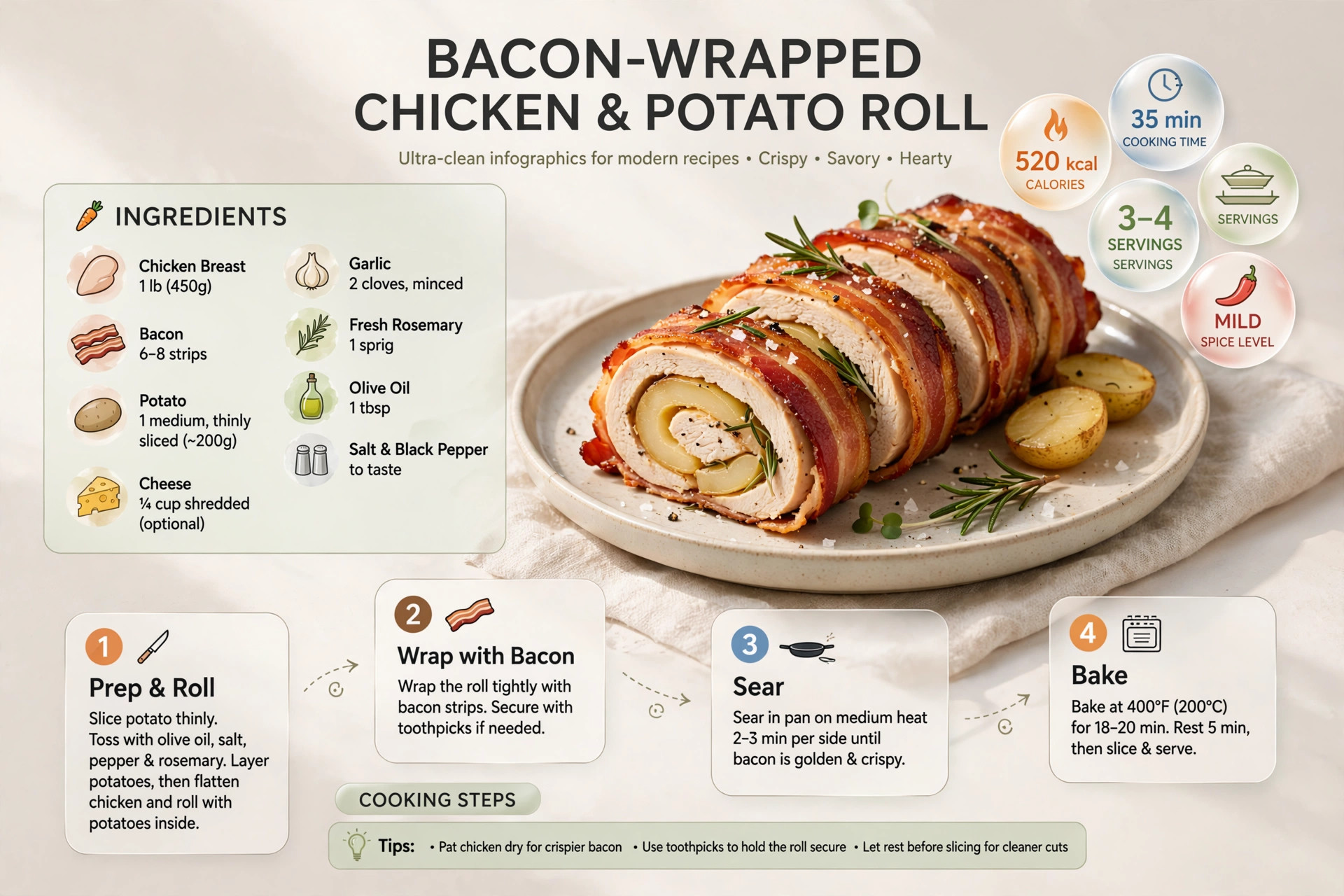 Recipe infographic: Bacon-Wrapped Chicken and Potato Roll — ingredients and step-by-step visual guide