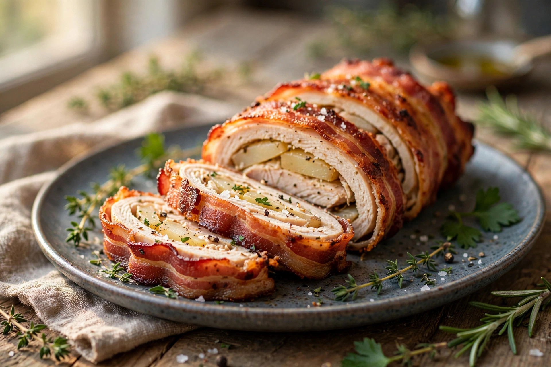 Golden bacon-wrapped chicken and potato roll, sliced to show the juicy interior