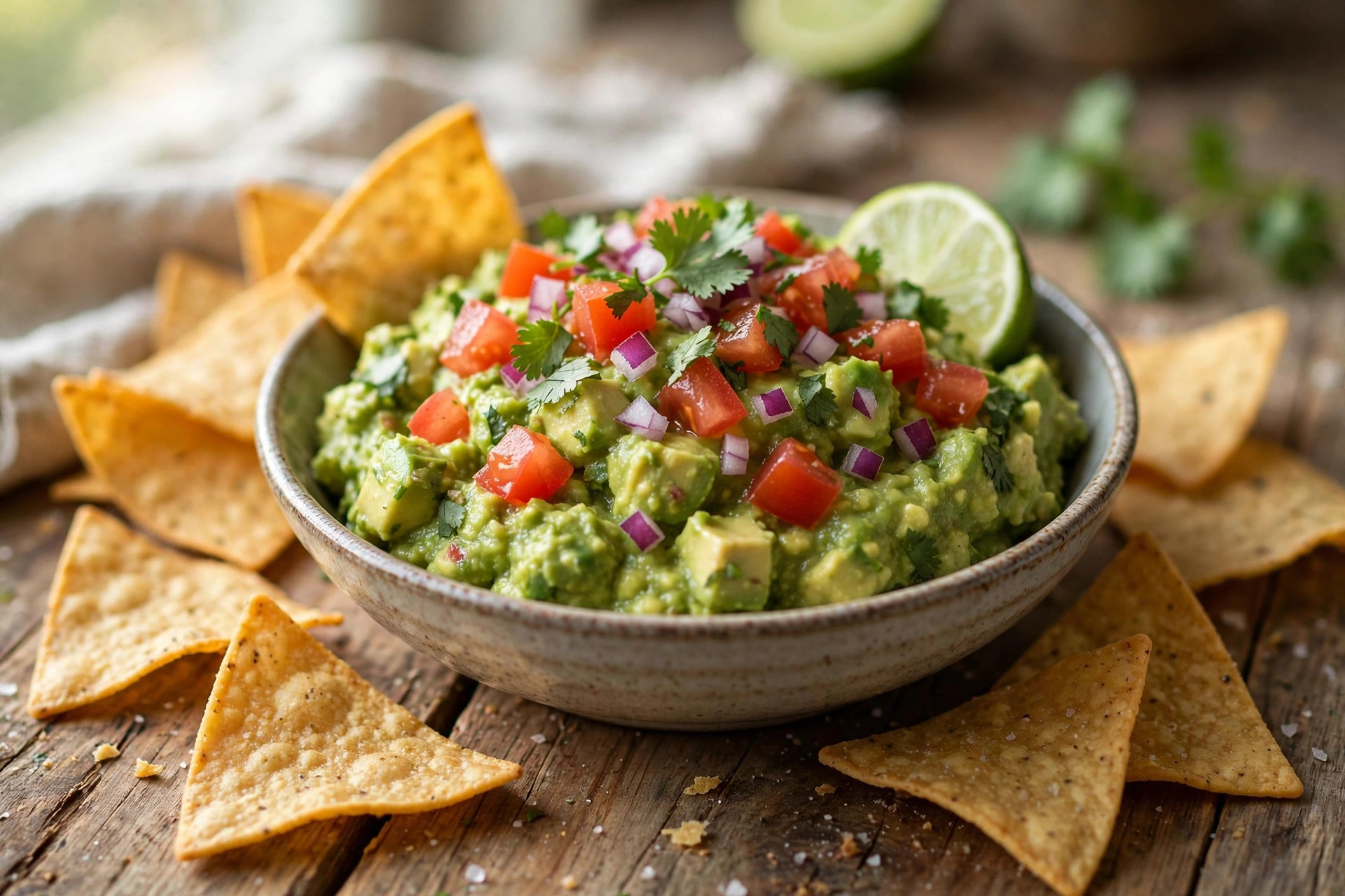 Classic homemade guacamole in a bowl with diced tomato and fresh herbs, served with tortilla chips