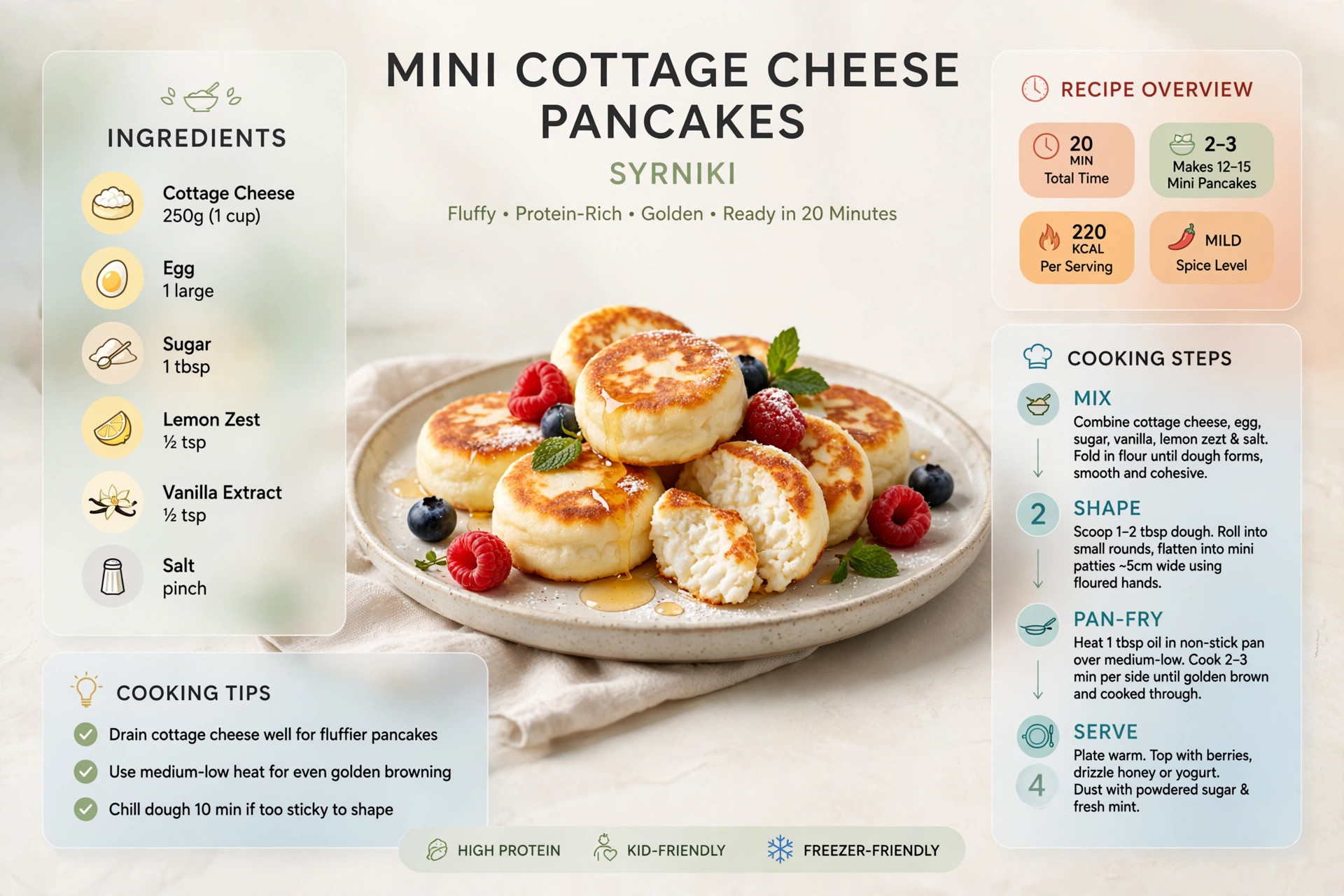 Recipe infographic: Mini Cottage Cheese Pancakes (Syrniki) — ingredients and step-by-step visual guide