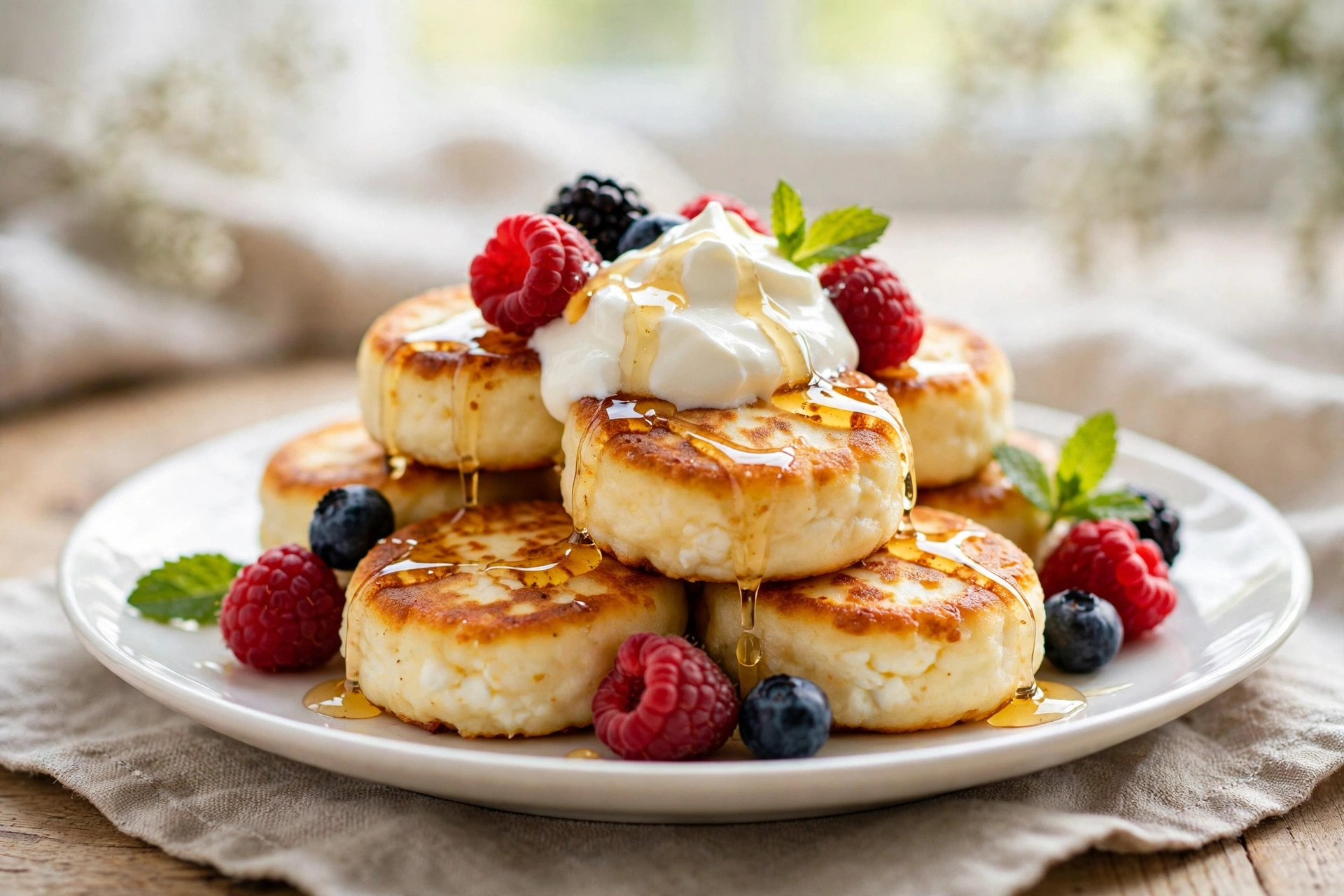 Golden mini cottage cheese pancakes (syrniki) topped with strawberries, kiwi, and almond flakes