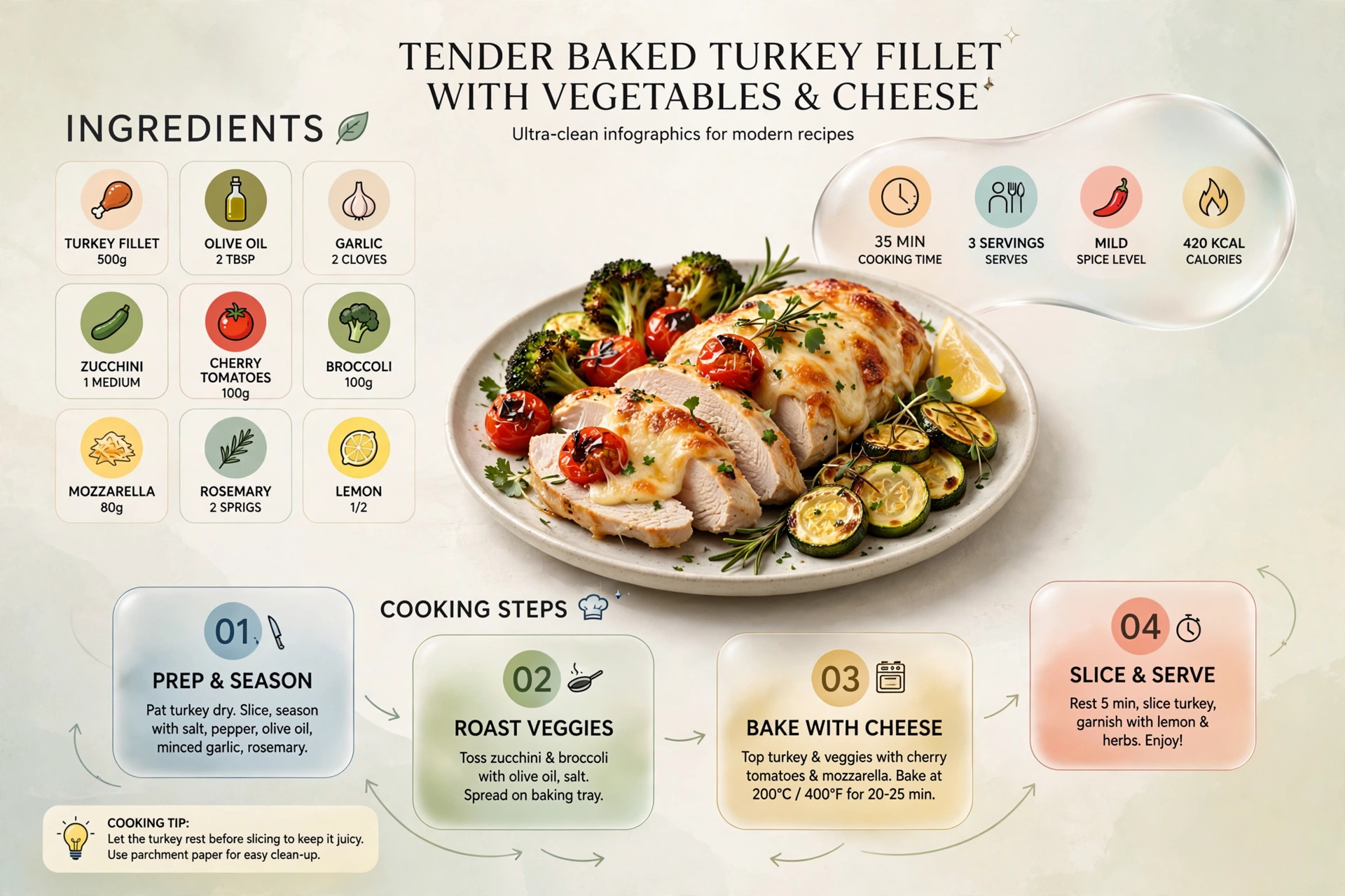 Recipe infographic: Tender Baked Turkey Fillet with Vegetables and Cheese — ingredients and step-by-step visual guide