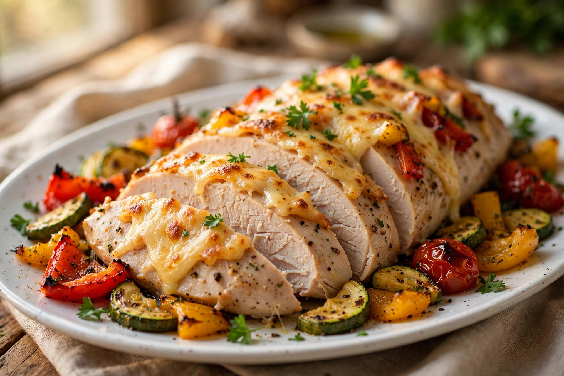 Tender baked turkey fillet topped with zucchini, tomato slices, and melted cheese