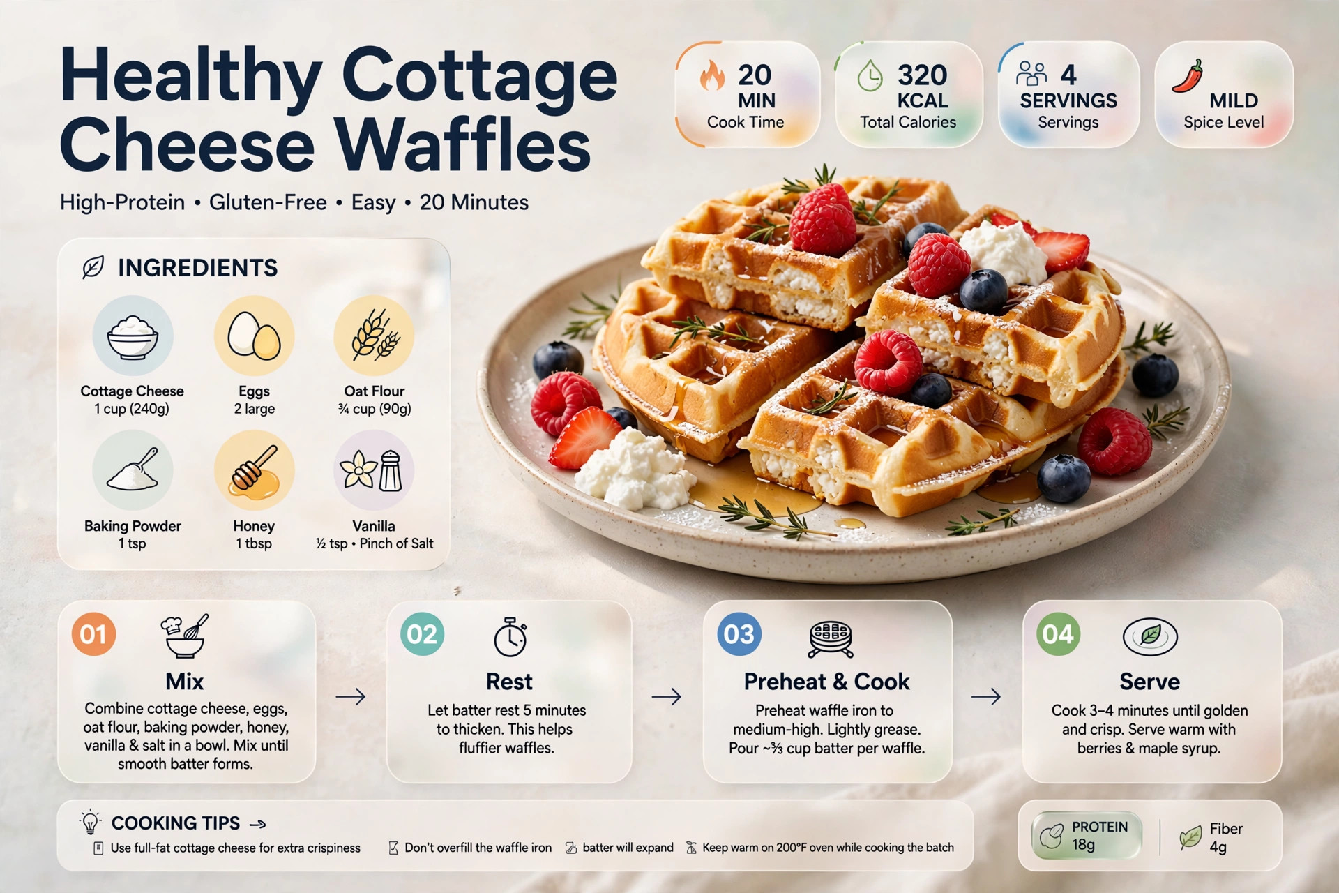 Recipe infographic: Healthy Cottage Cheese Waffles — ingredients and step-by-step visual guide