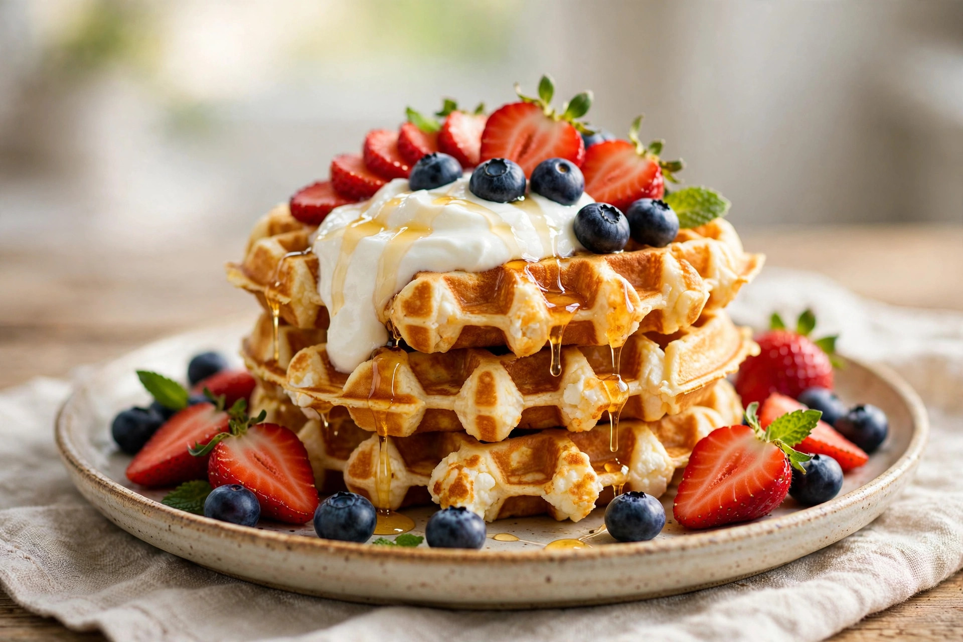 Healthy cottage cheese waffles served with fresh berries and syrup