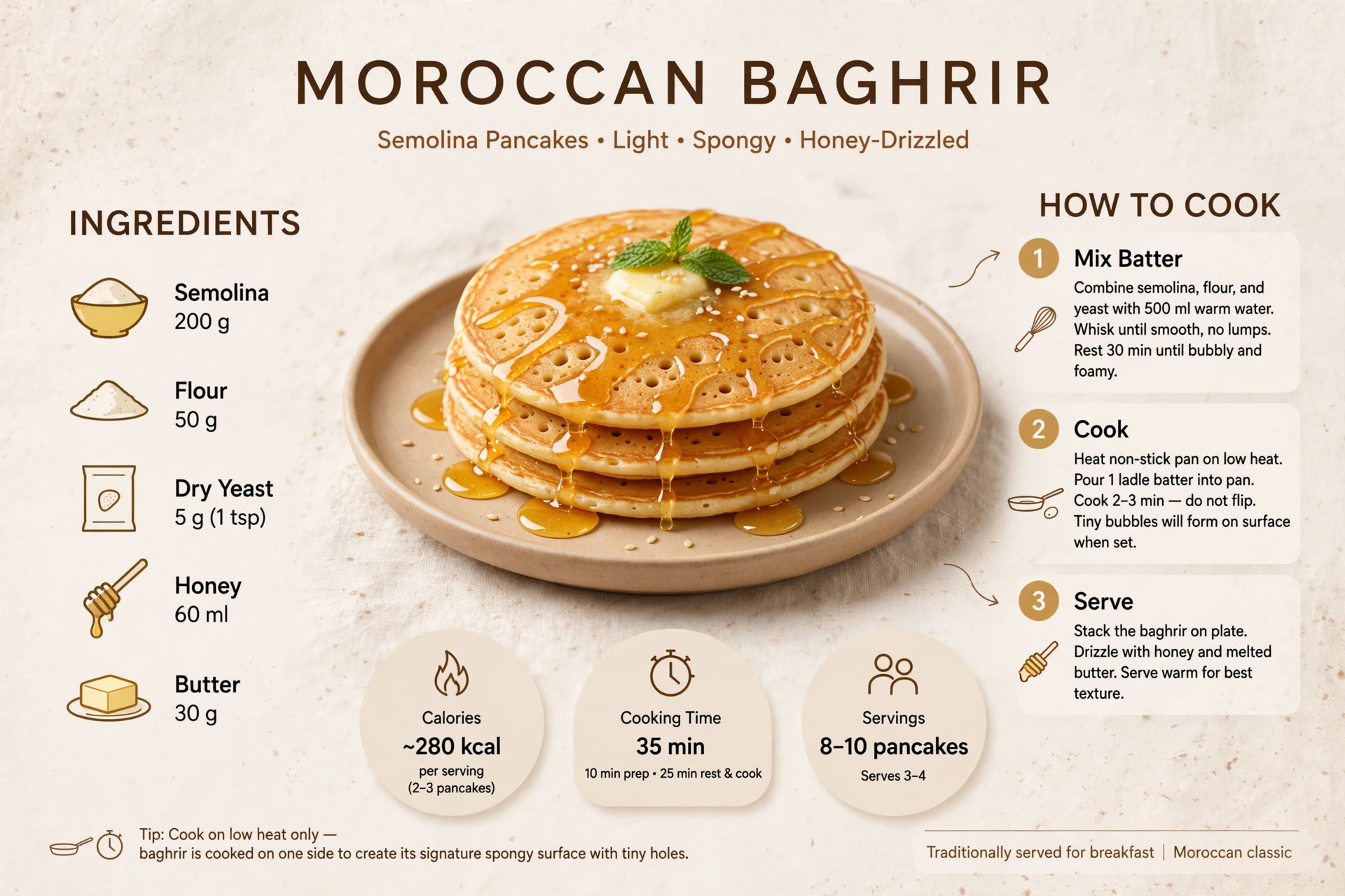 Recipe infographic: Moroccan Baghrir Semolina Pancakes — ingredients and step-by-step visual guide