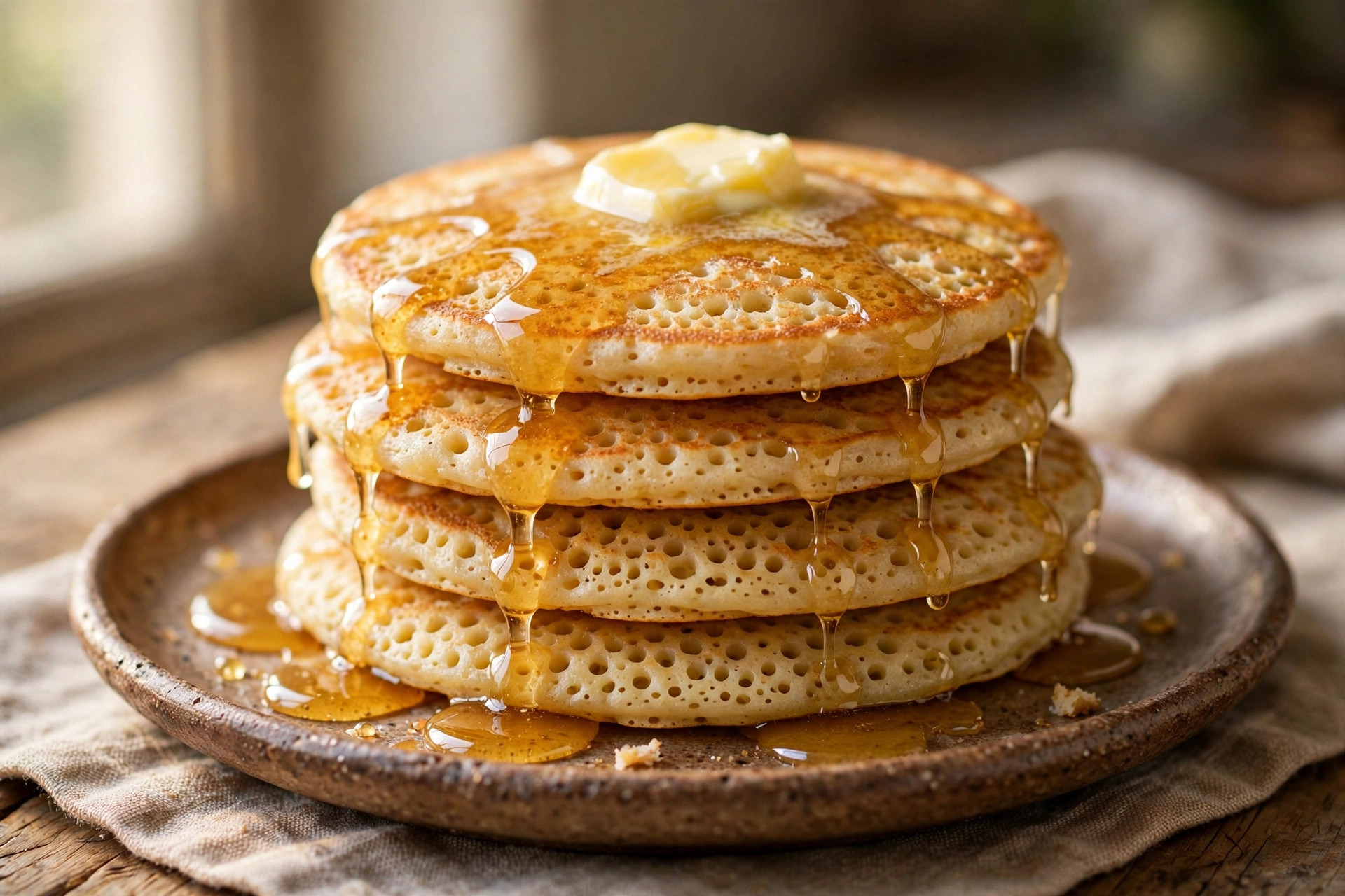 Golden Moroccan baghrir semolina pancakes with honeycomb texture, served warm with melted butter and honey