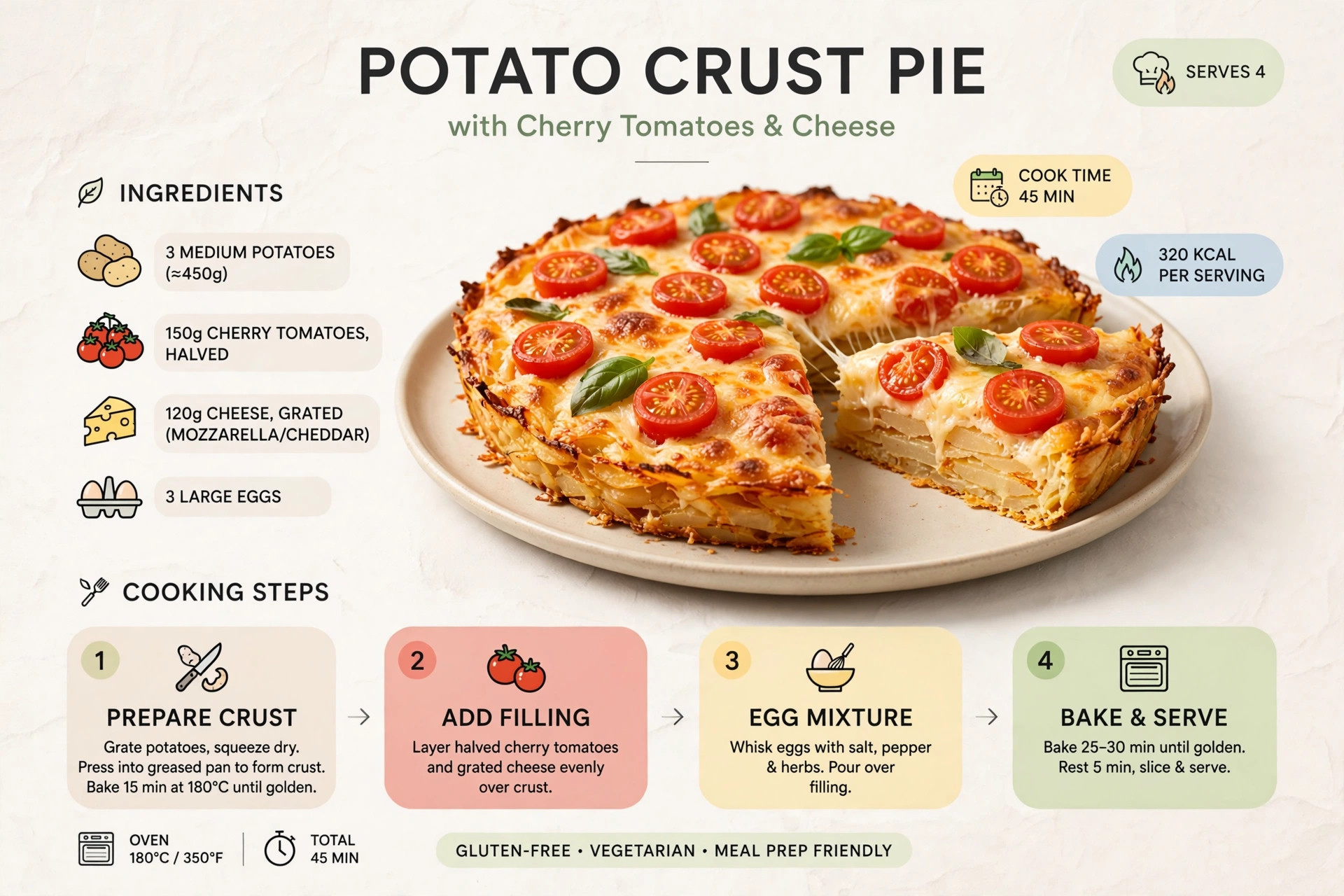 Recipe infographic: Potato Crust Pie with Cherry Tomatoes and Cheese — ingredients and step-by-step visual guide