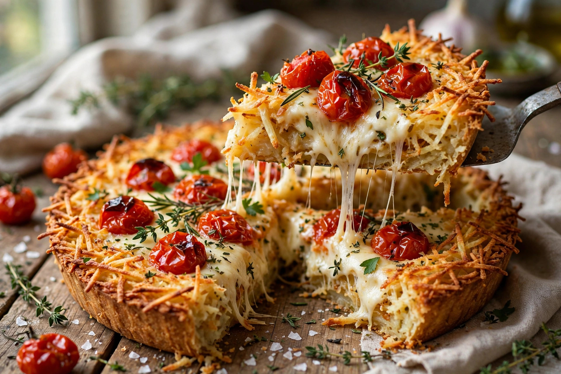 Golden potato crust pie with roasted cherry tomatoes, melted cheese, and fresh herbs