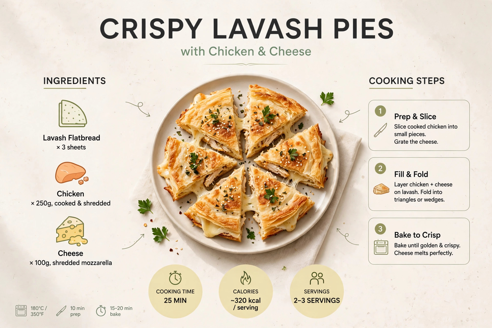 Recipe infographic: Crispy Lavash Pies with Chicken and Cheese — ingredients and step-by-step visual guide
