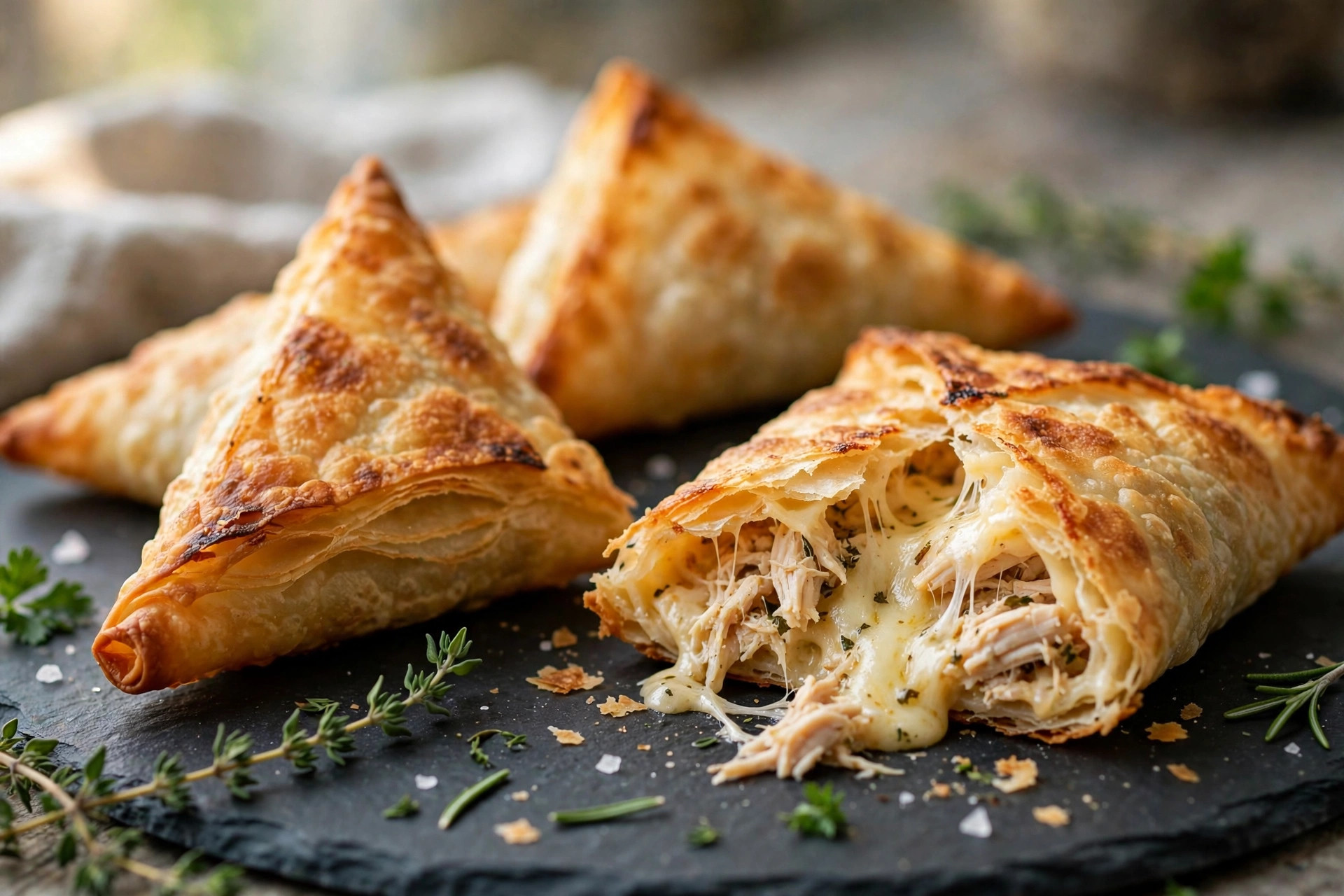 Golden crispy lavash pies stuffed with chicken, cheese, and green onions, fried until crisp
