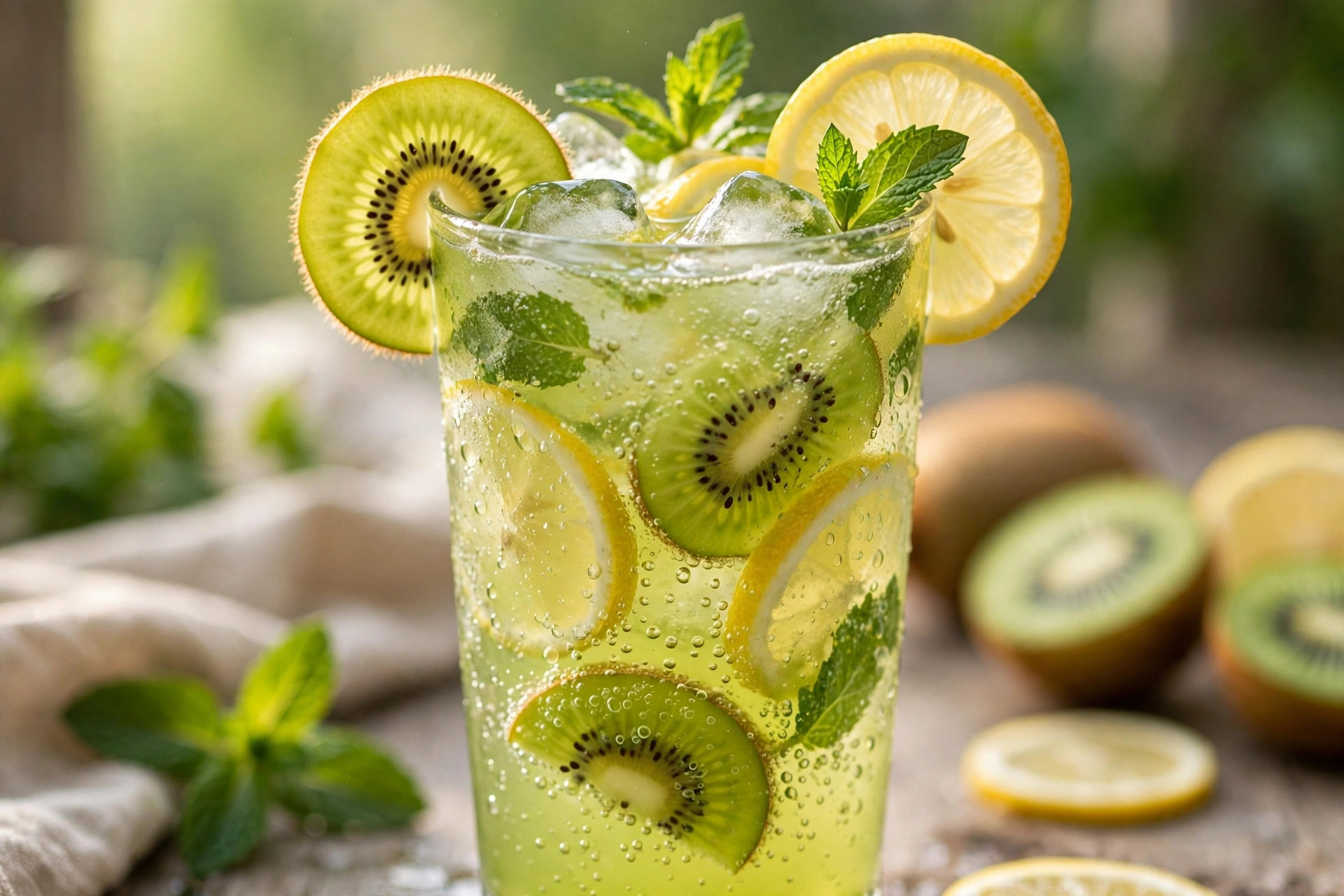 Glass of sparkling kiwi-lemon lemonade with fresh mint, lemon slices, and ice