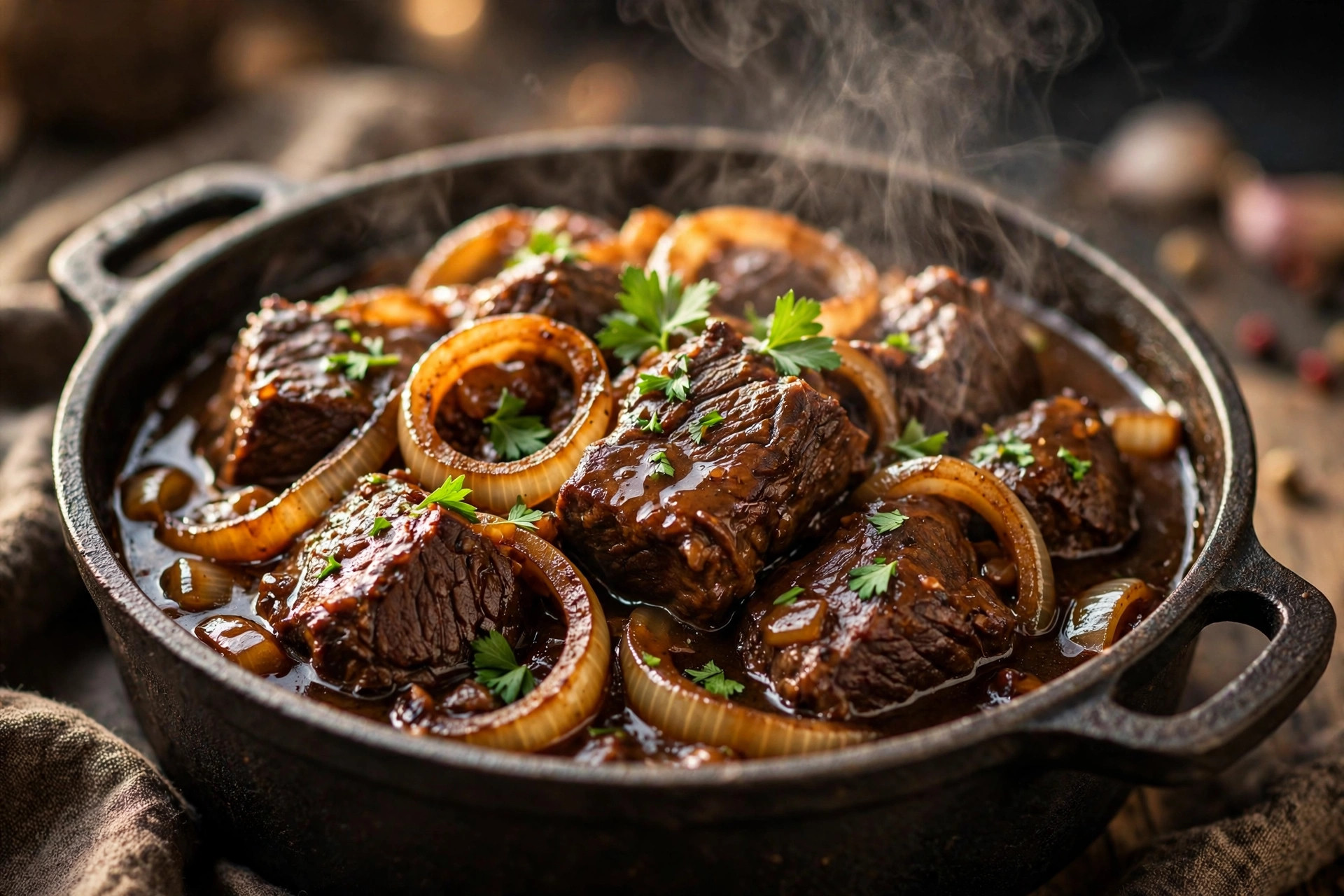 Tender braised beef chunks with caramelized onions and fresh herbs in a Dutch oven