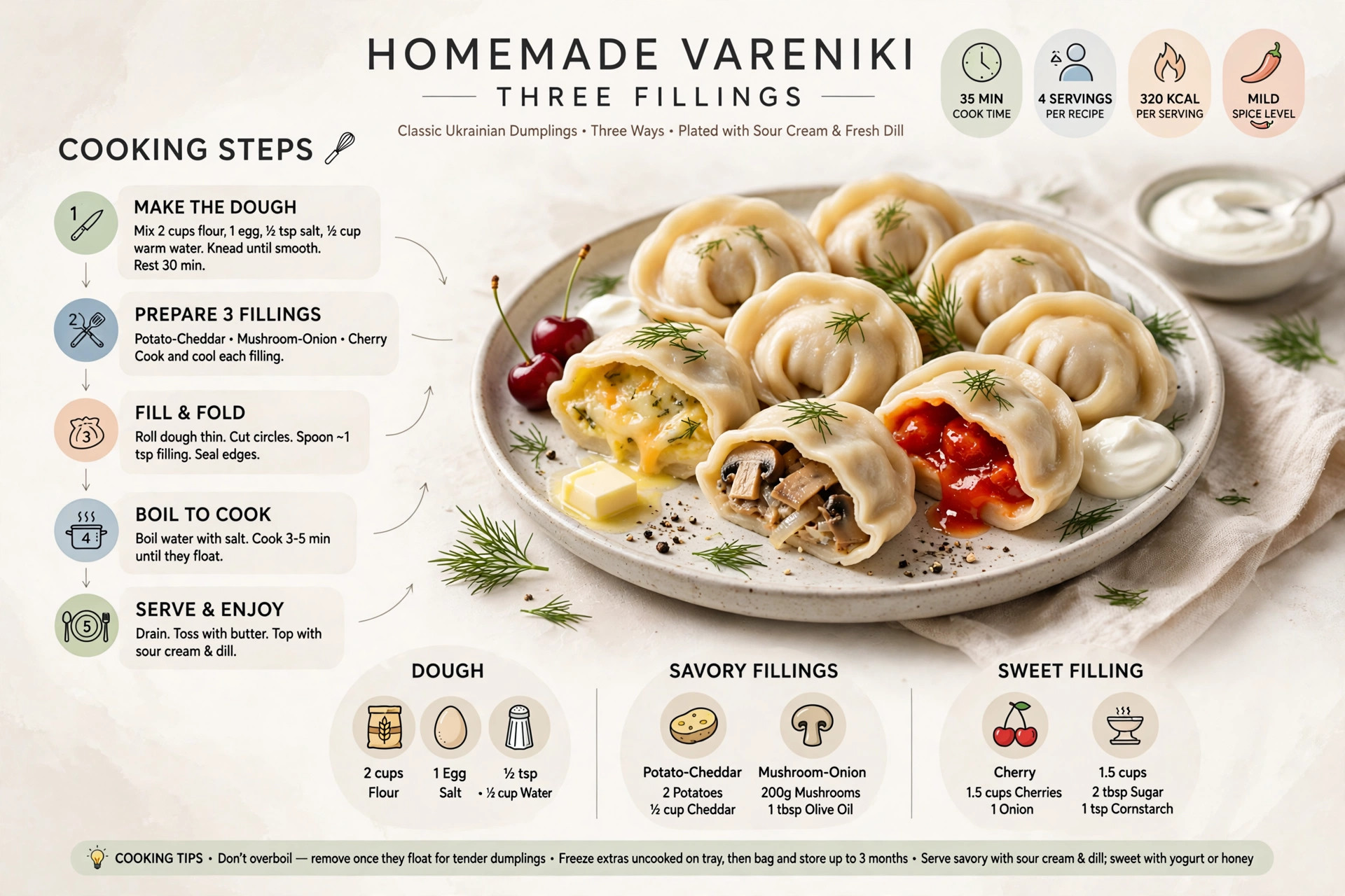 Recipe infographic: Homemade Vareniki with Three Fillings — ingredients and step-by-step visual guide
