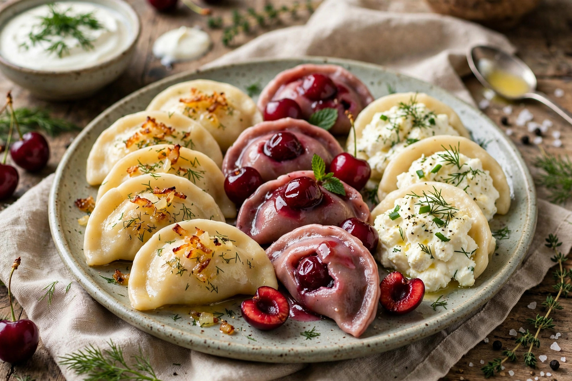Homemade vareniki dumplings with potato, cheese, and meat fillings, served hot with sour cream