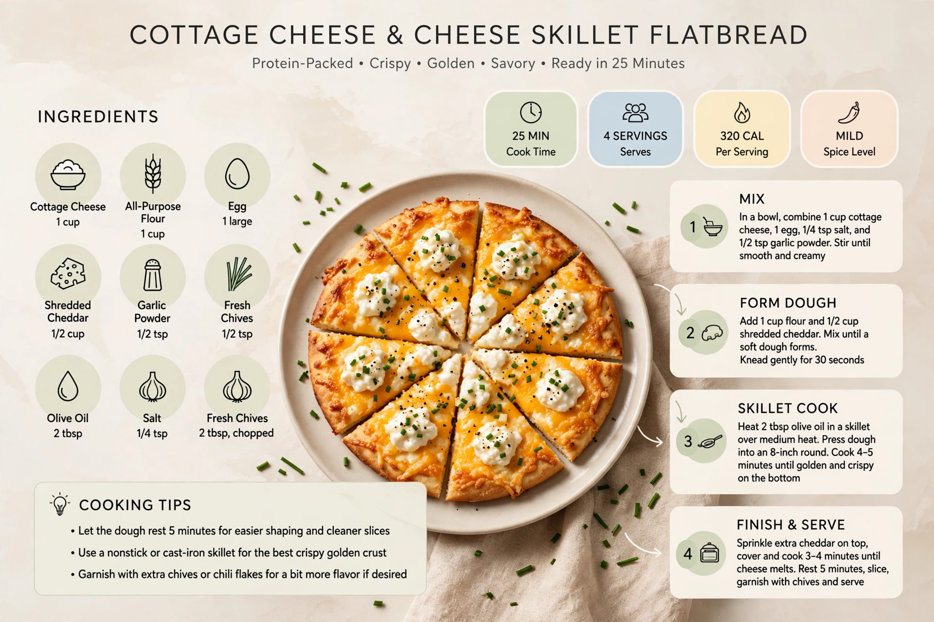 Recipe infographic: Cottage Cheese and Cheese Skillet Flatbread — ingredients and step-by-step visual guide