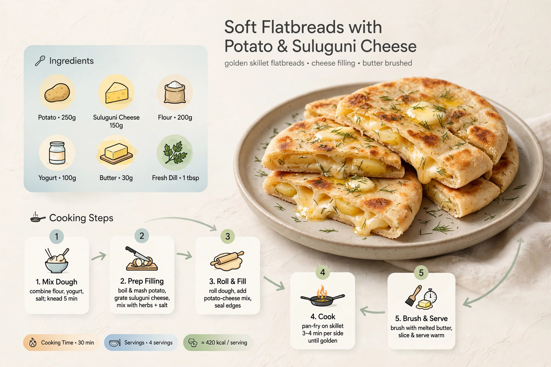 Recipe infographic: Soft Flatbreads with Potato and Suluguni Cheese — ingredients and step-by-step visual guide