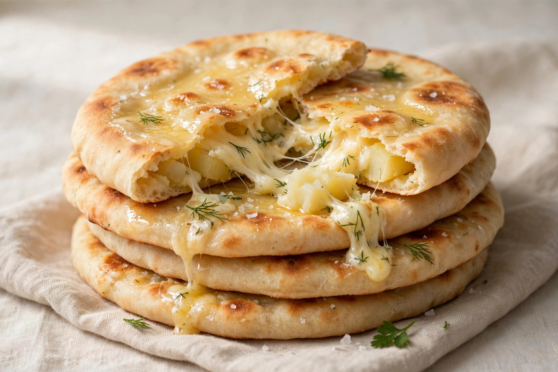 Golden potato and suluguni cheese flatbreads stacked on a plate, with melted cheese visible in the filling