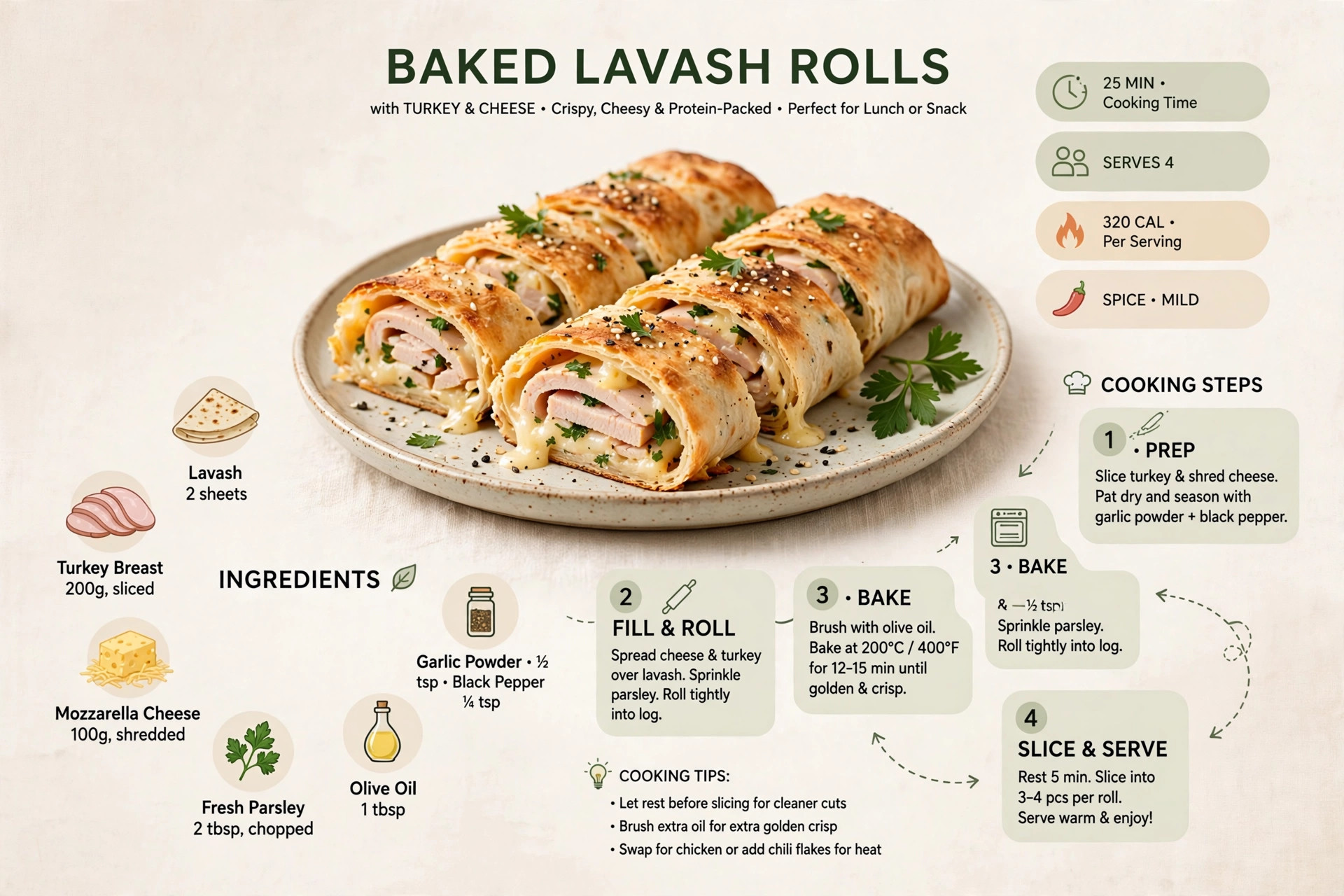 Recipe infographic: Baked Lavash Rolls with Turkey and Cheese — ingredients and step-by-step visual guide