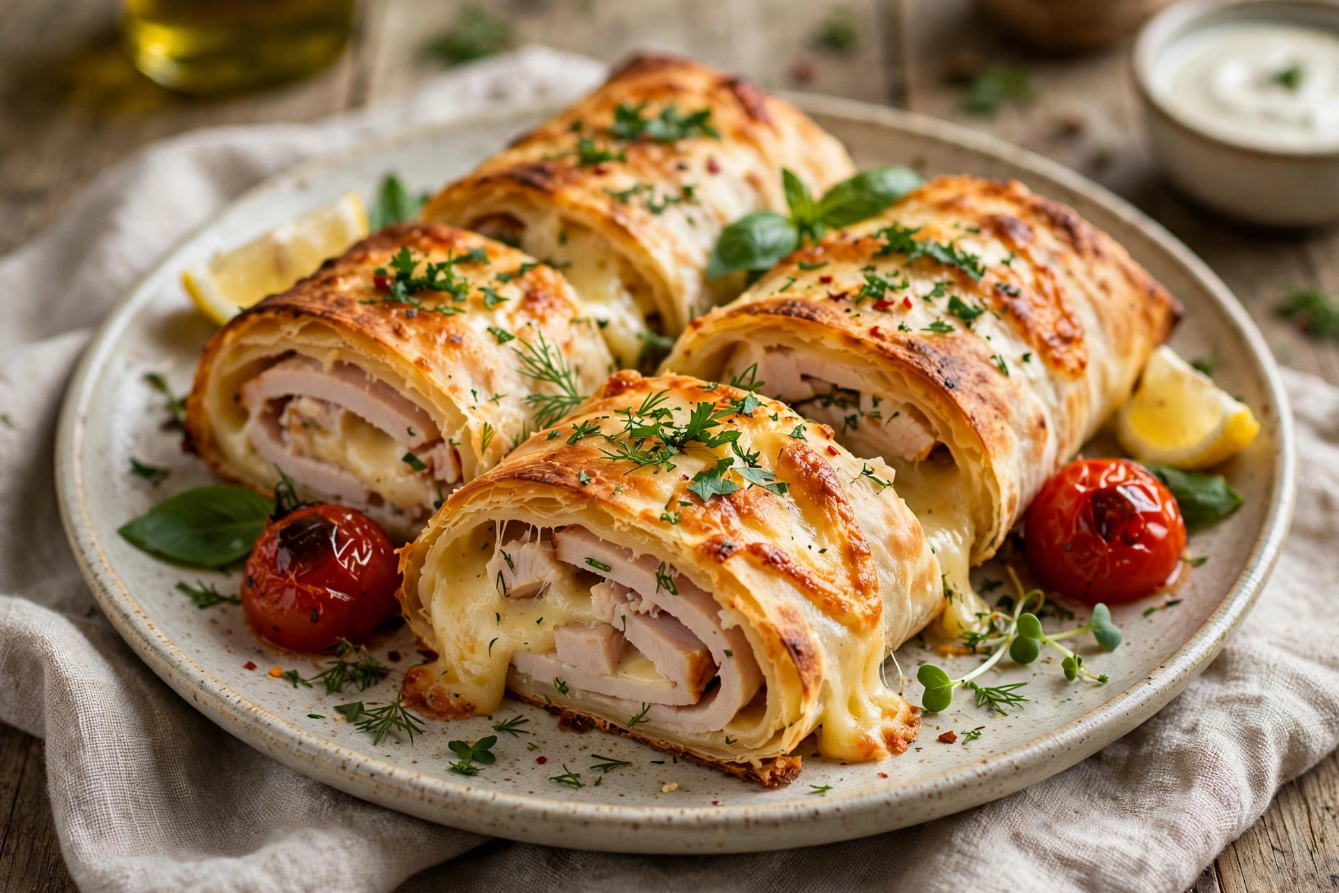 Golden baked lavash rolls with turkey and cheese, sliced to show the savory filling