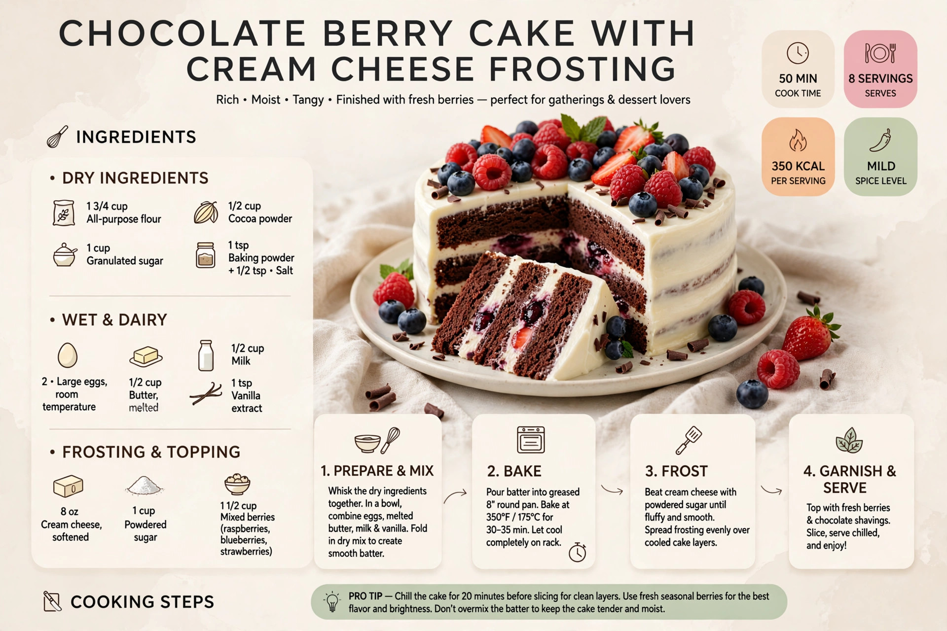 Recipe infographic: Chocolate Berry Cake with Cream Cheese Frosting — ingredients and step-by-step visual guide