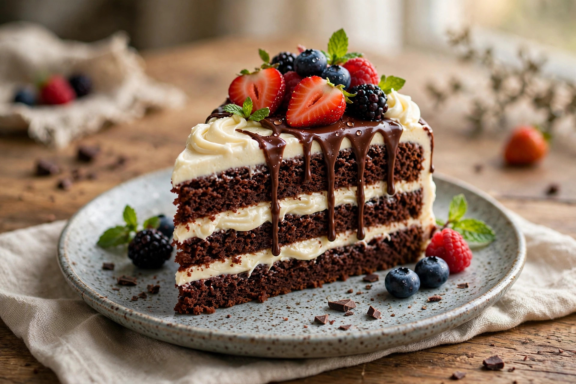 Chocolate berry cake with cream cheese frosting, decorated with fresh berries and freeze-dried raspberries