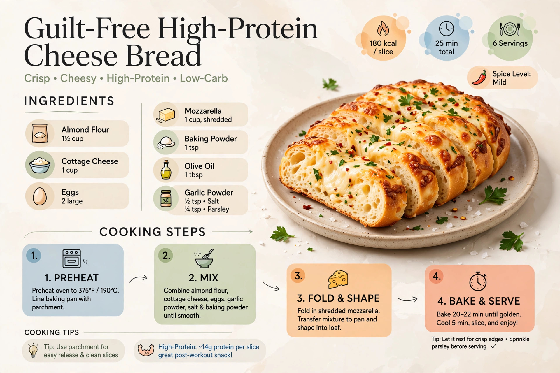 Recipe infographic: Guilt-Free High-Protein Cheese Bread — ingredients and step-by-step visual guide