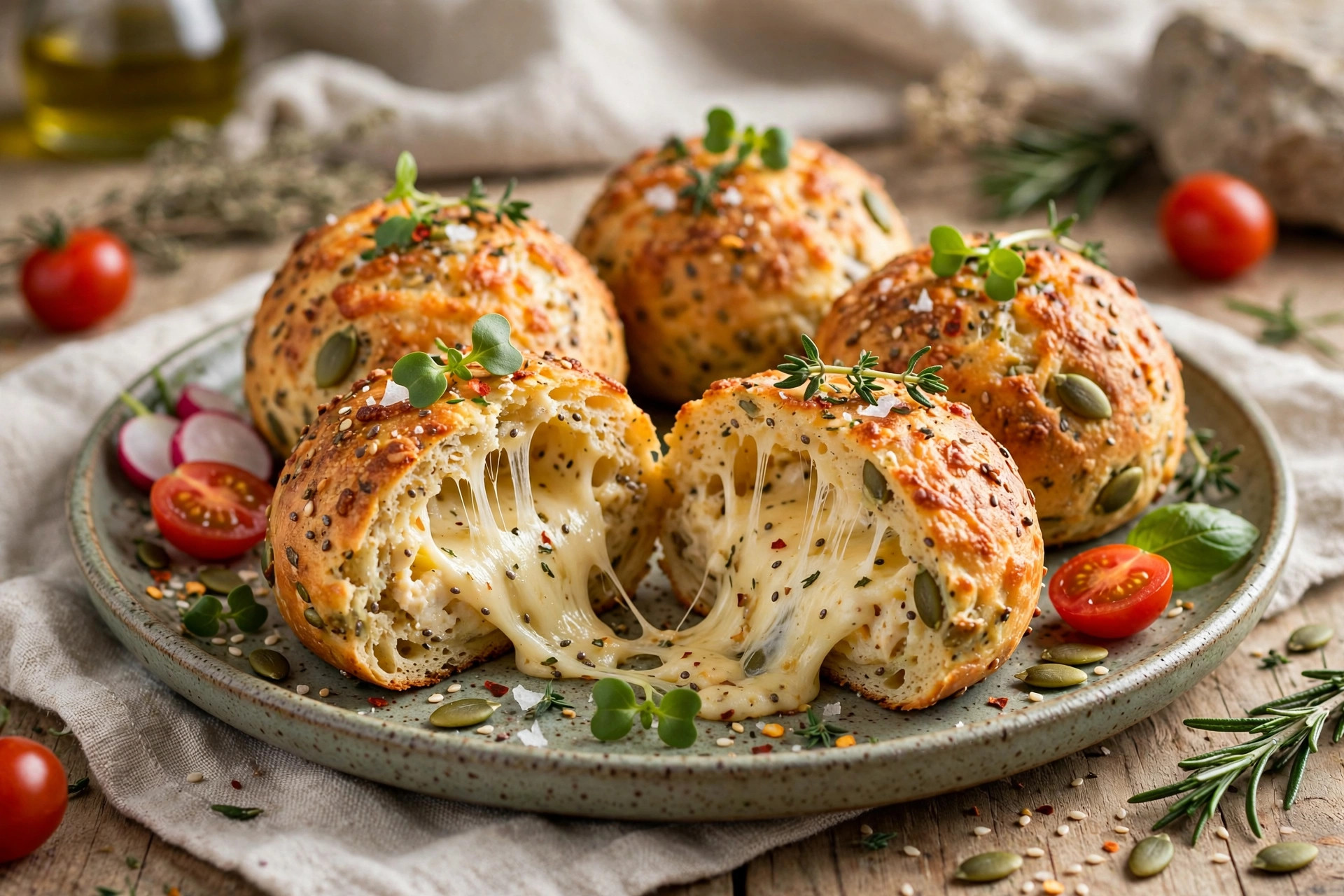 Golden high-protein cheese bread loaf with herbs, sliced to show the soft crumb