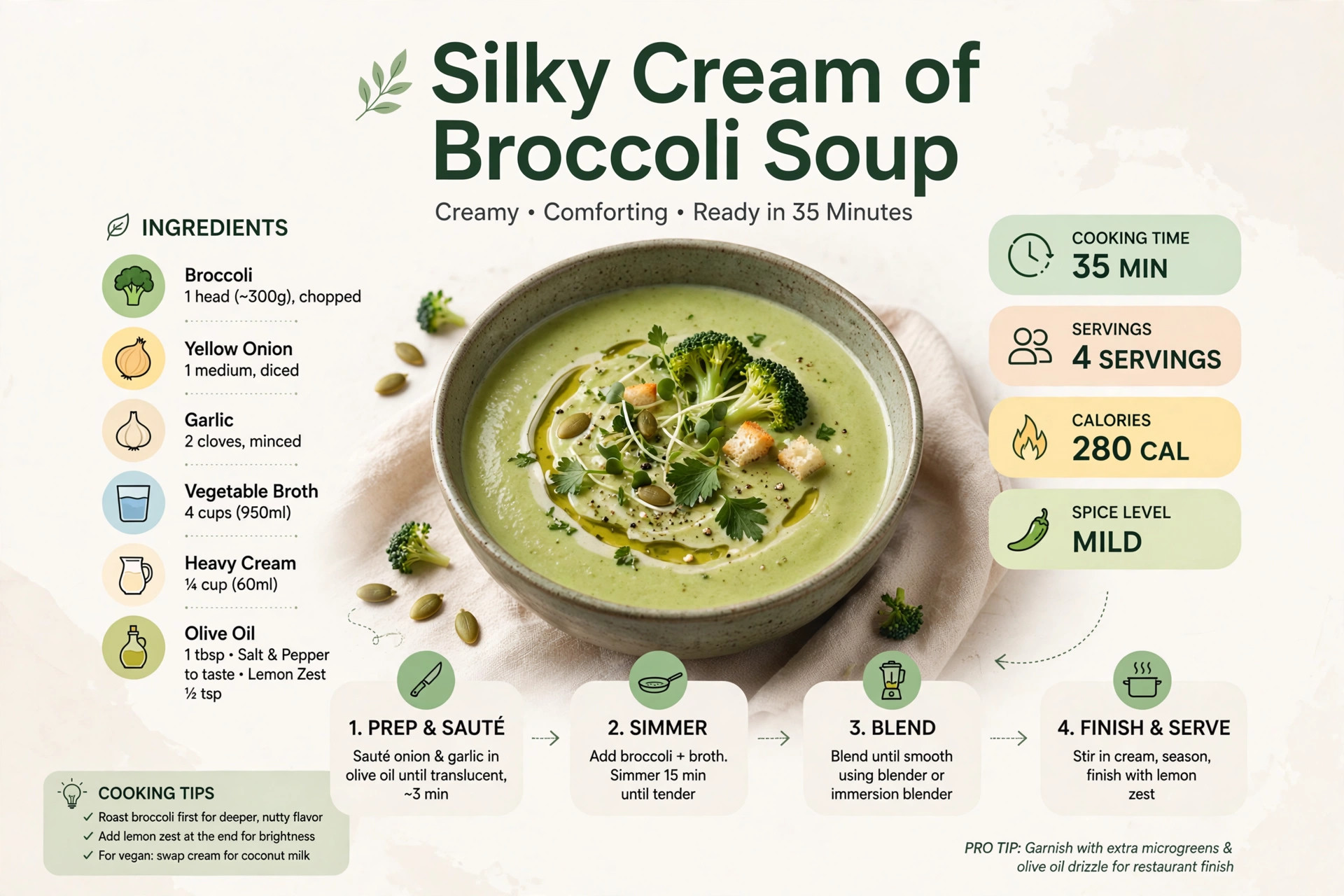 Recipe infographic: Silky Cream of Broccoli Soup — ingredients and step-by-step visual guide
