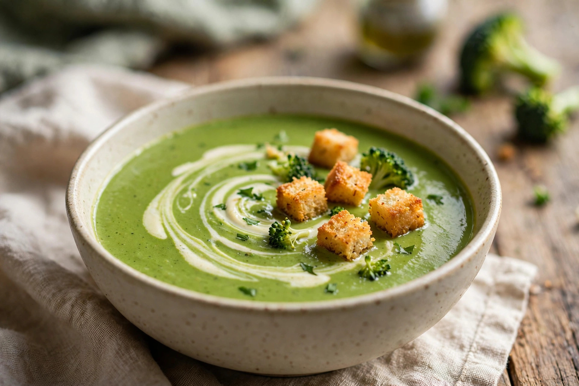 Bowl of silky cream of broccoli soup topped with crunchy golden croutons