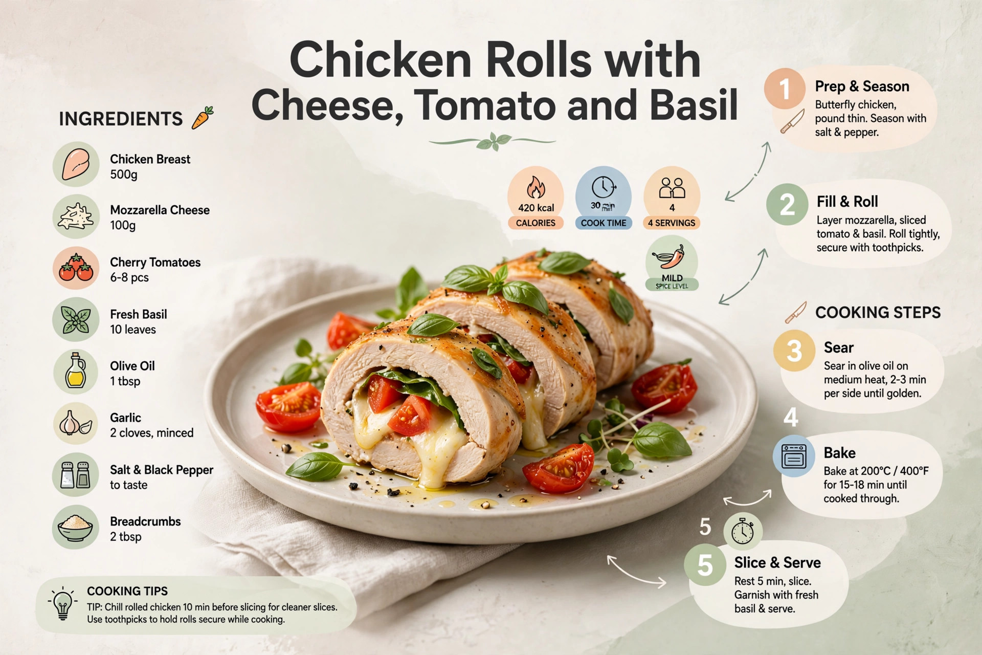 Recipe infographic: Chicken Rolls with Cheese, Tomato and Basil — ingredients and step-by-step visual guide