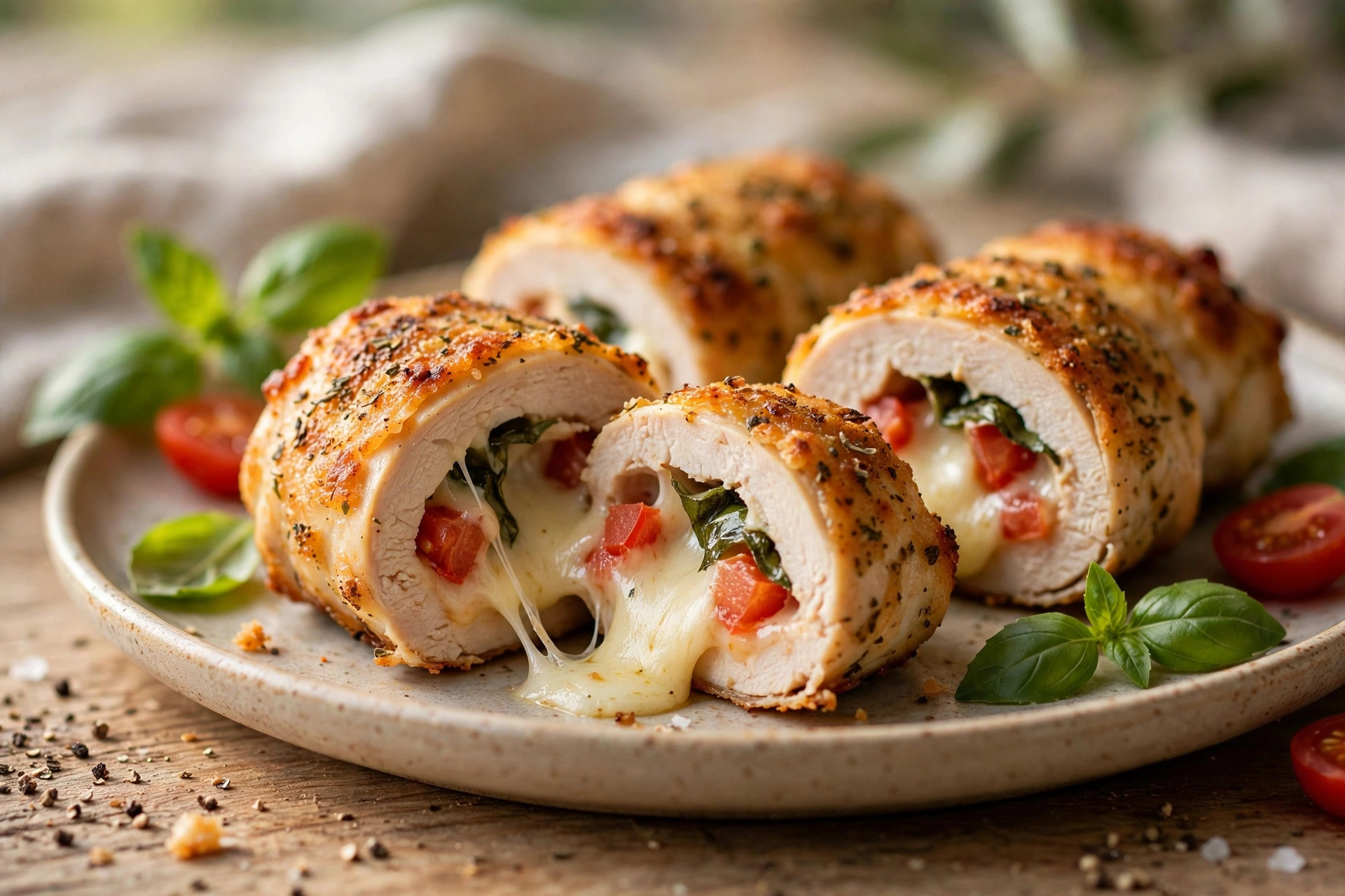 Juicy chicken rolls with melted cheese and braised tomatoes in a skillet