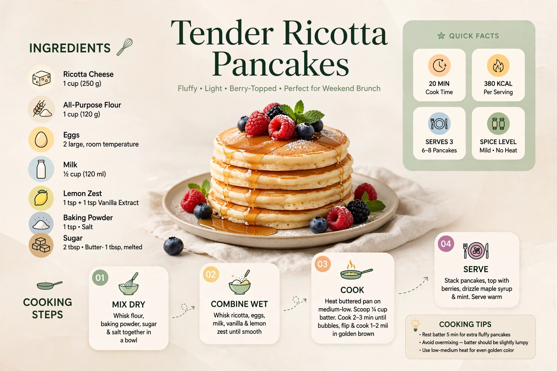 Recipe infographic: Tender Ricotta Pancakes — ingredients and step-by-step visual guide