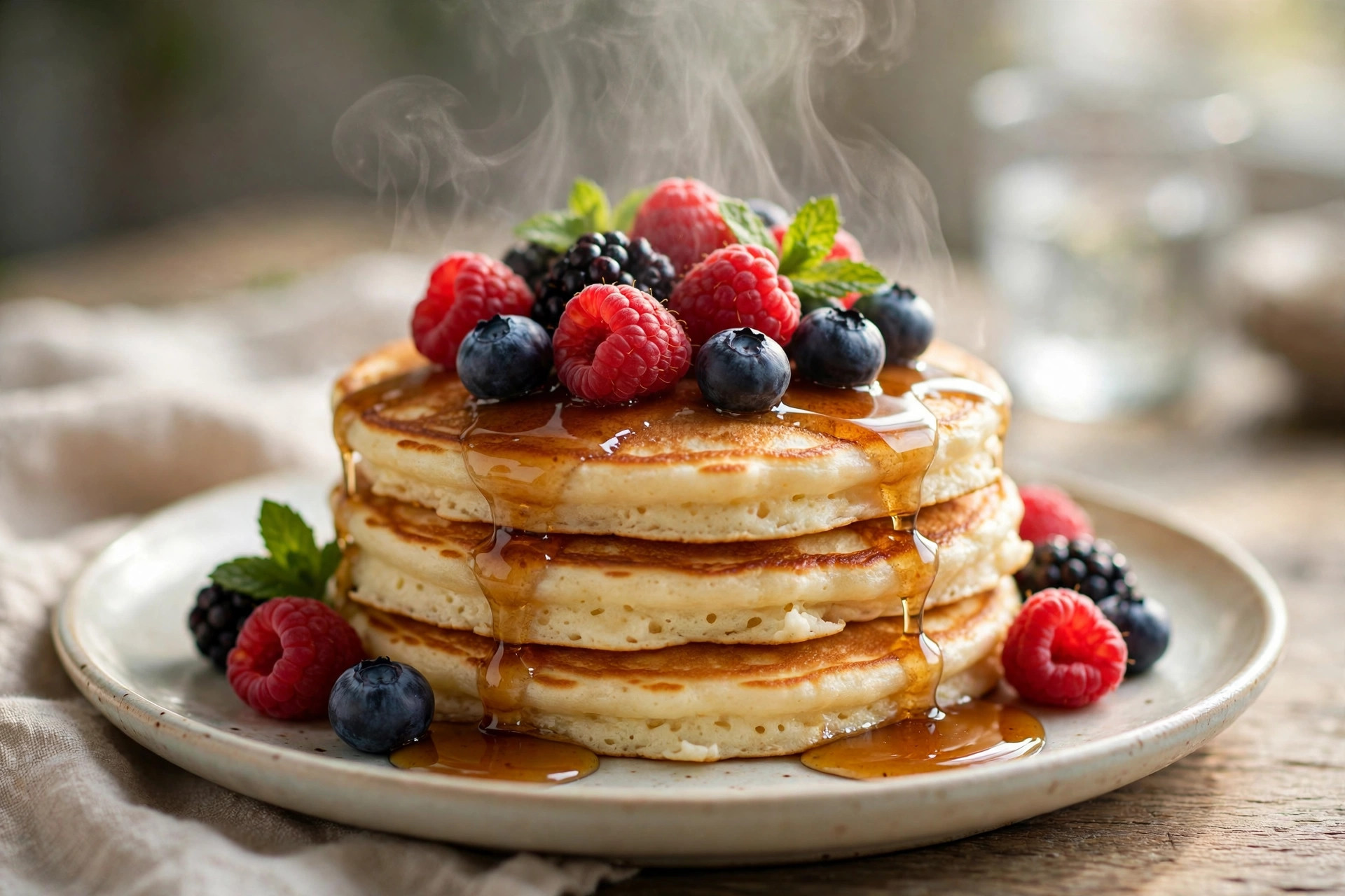 Stack of tender golden ricotta pancakes served on a plate