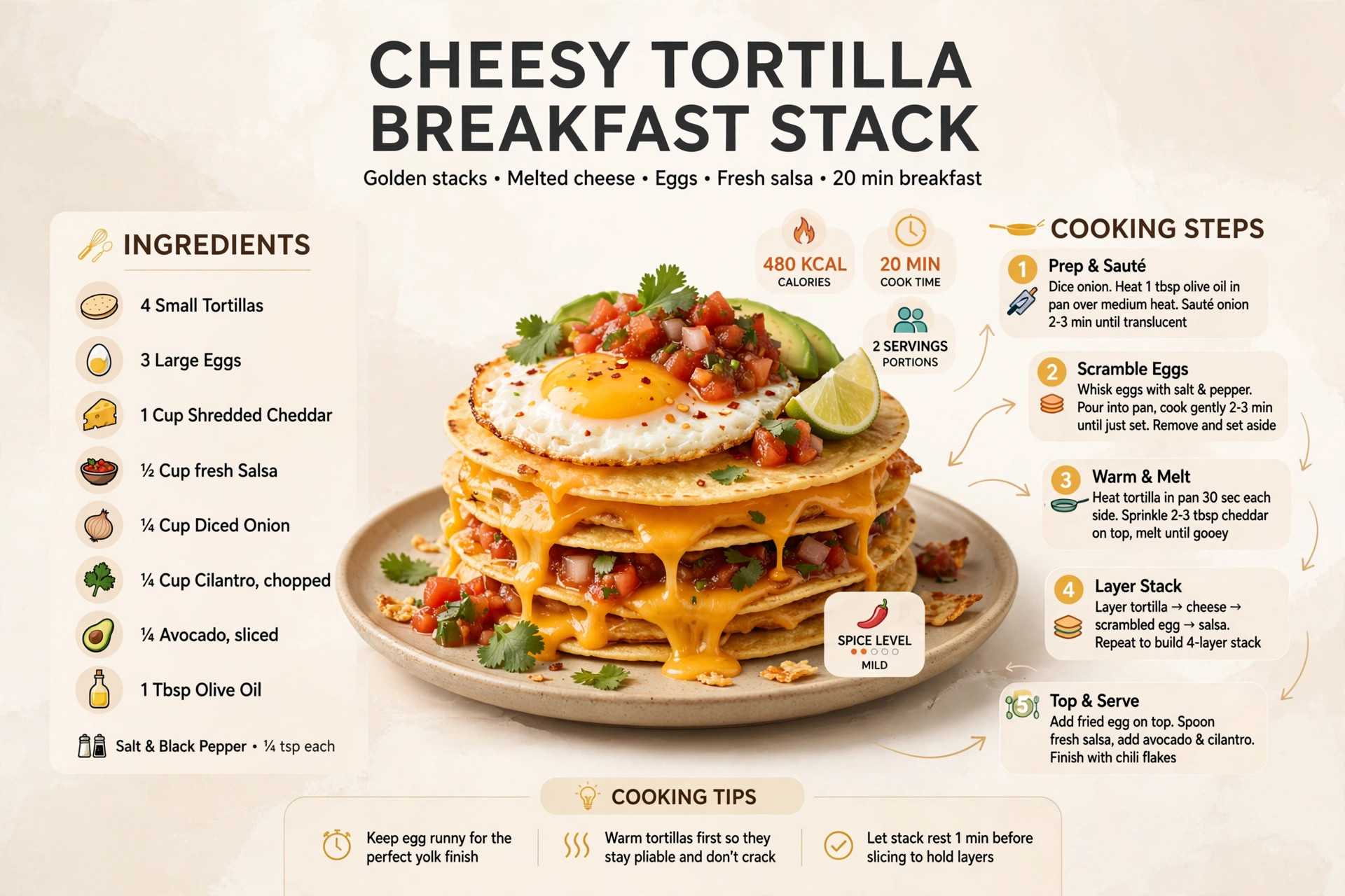 Recipe infographic: Cheesy Tortilla Breakfast Stack — ingredients and step-by-step visual guide