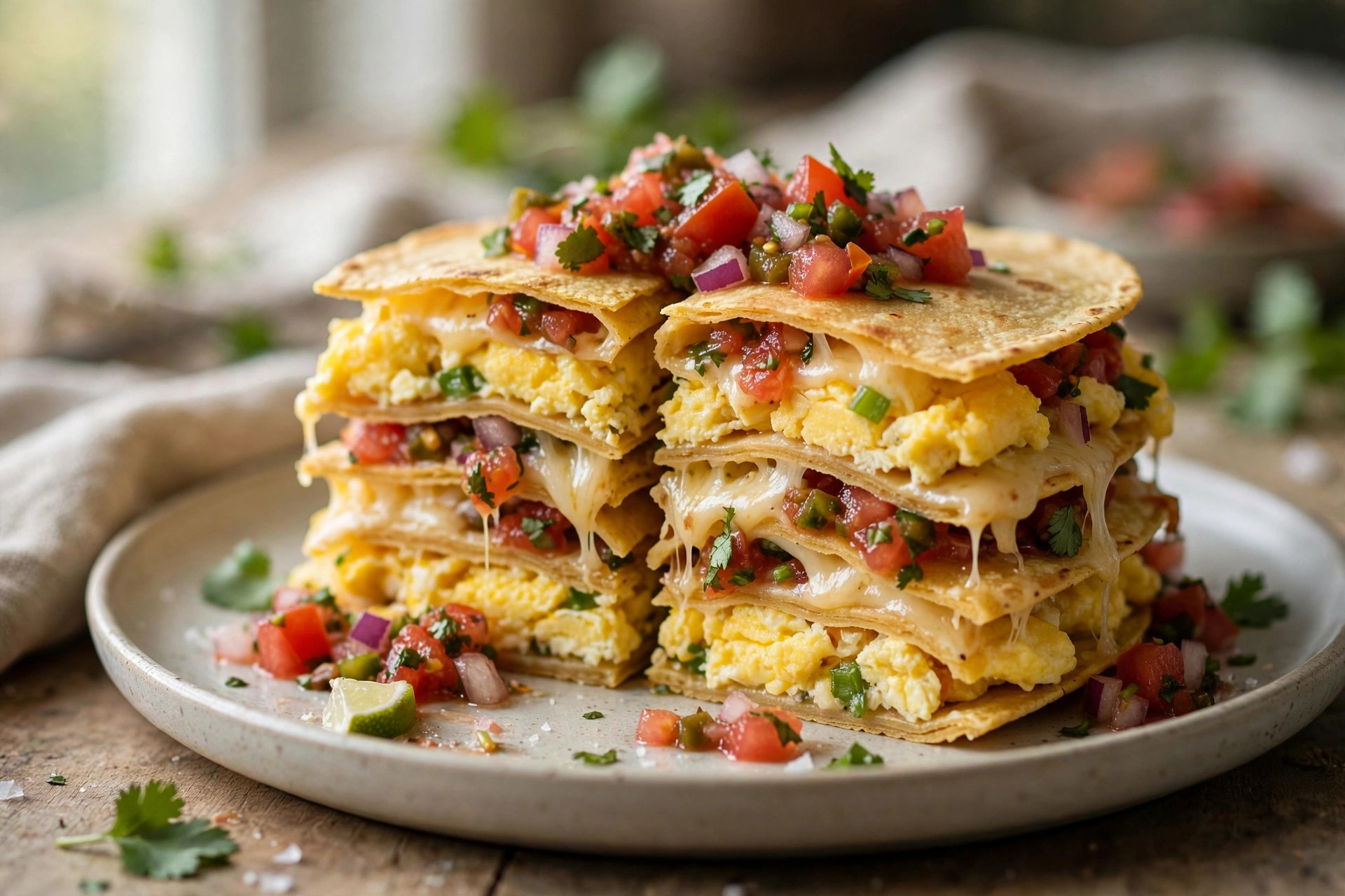 Golden cheesy tortilla breakfast stack cut into wedges with fresh herbs