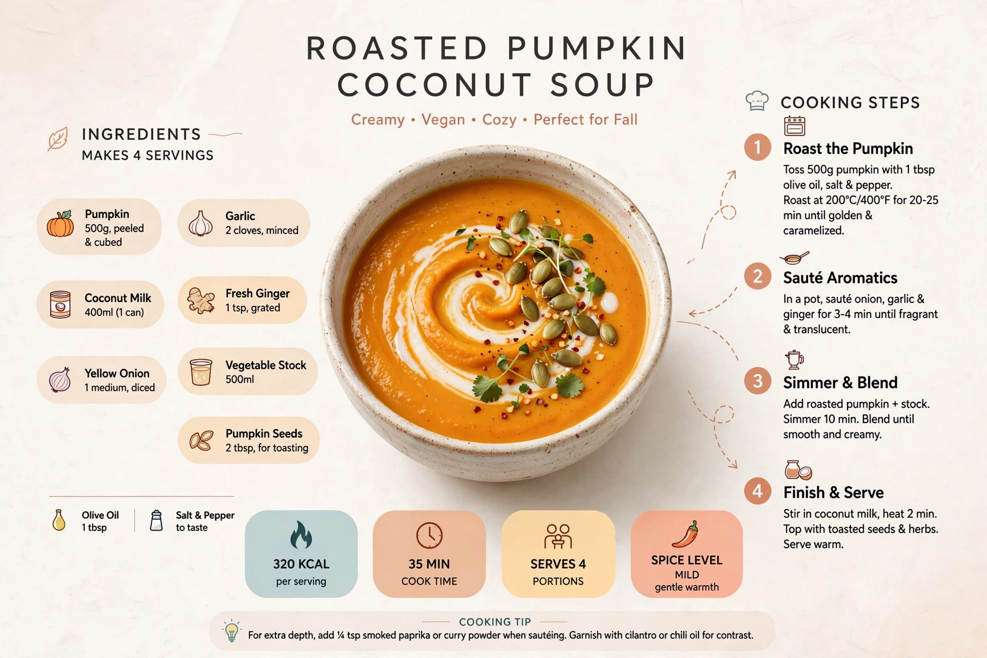 Recipe infographic: Roasted Pumpkin Coconut Soup — ingredients and step-by-step visual guide