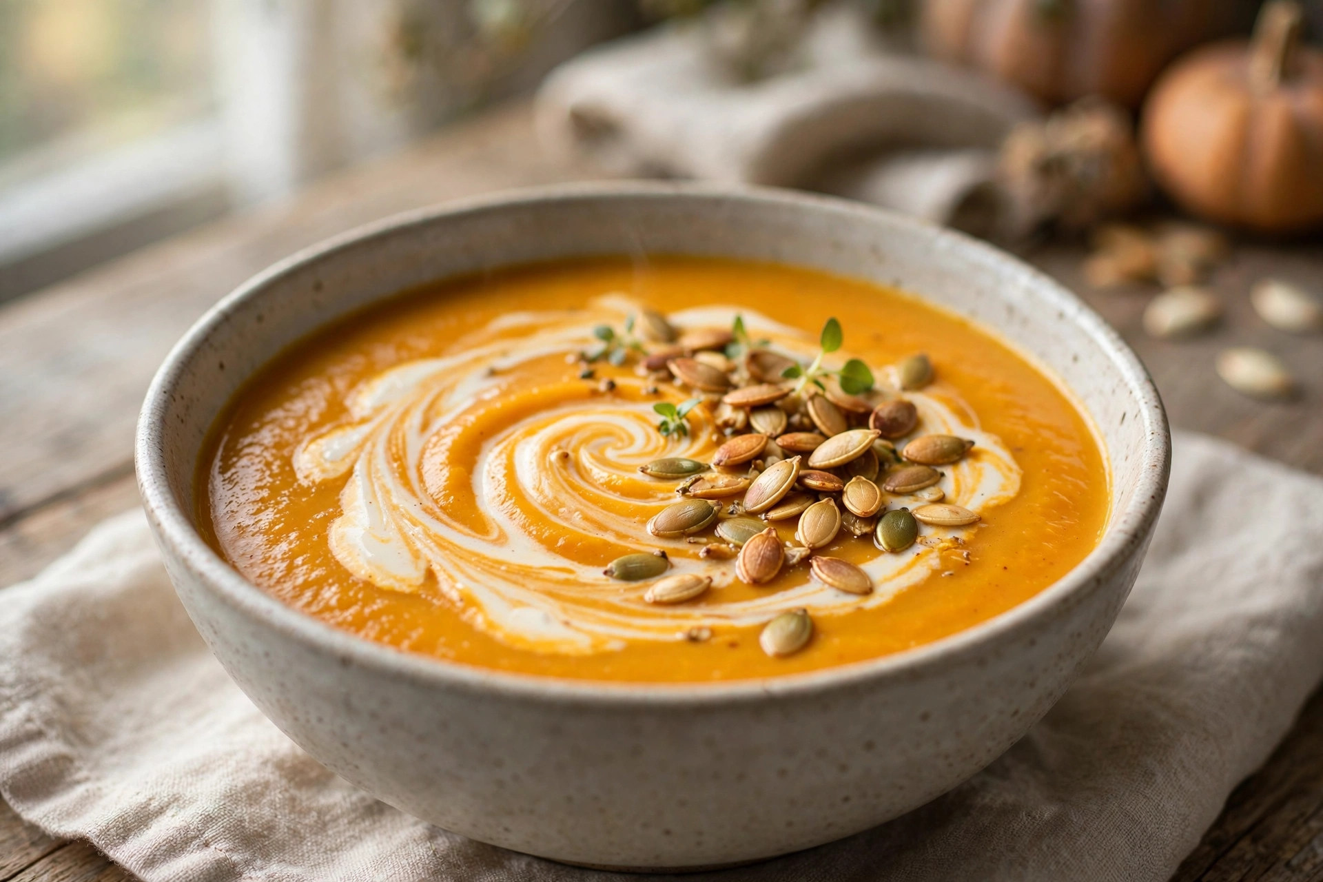 Creamy roasted pumpkin coconut soup garnished with herbs in a white bowl