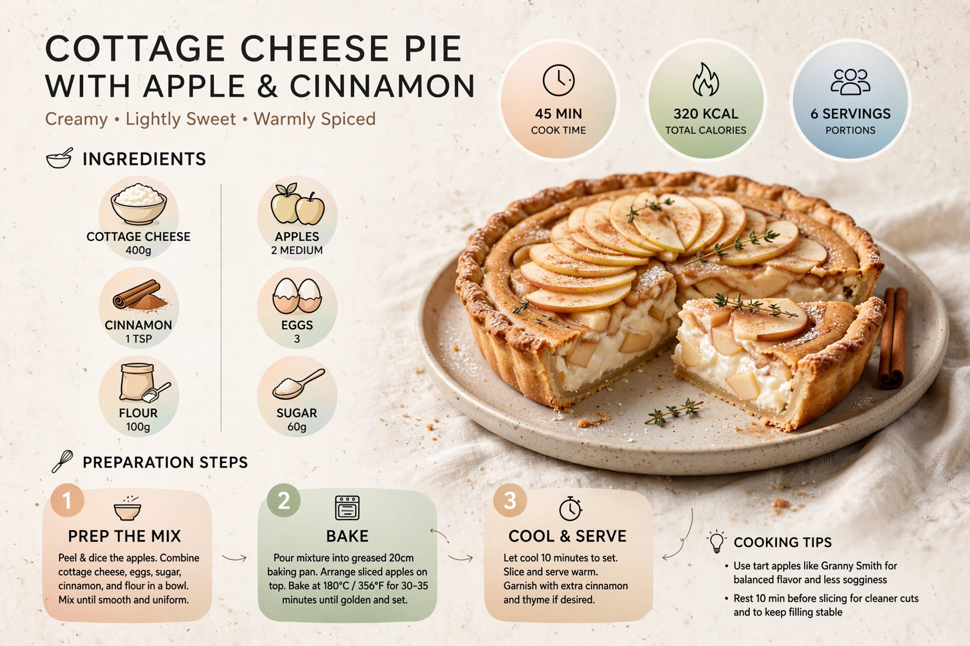 Recipe infographic: Cottage Cheese Pie with Apple and Cinnamon — ingredients and step-by-step visual guide