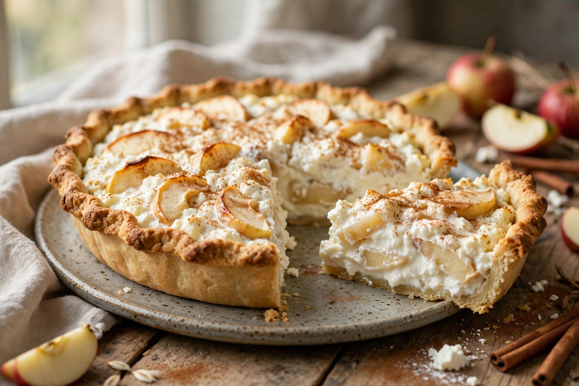 Baked cottage cheese pie topped with thin apple slices and a dusting of cinnamon