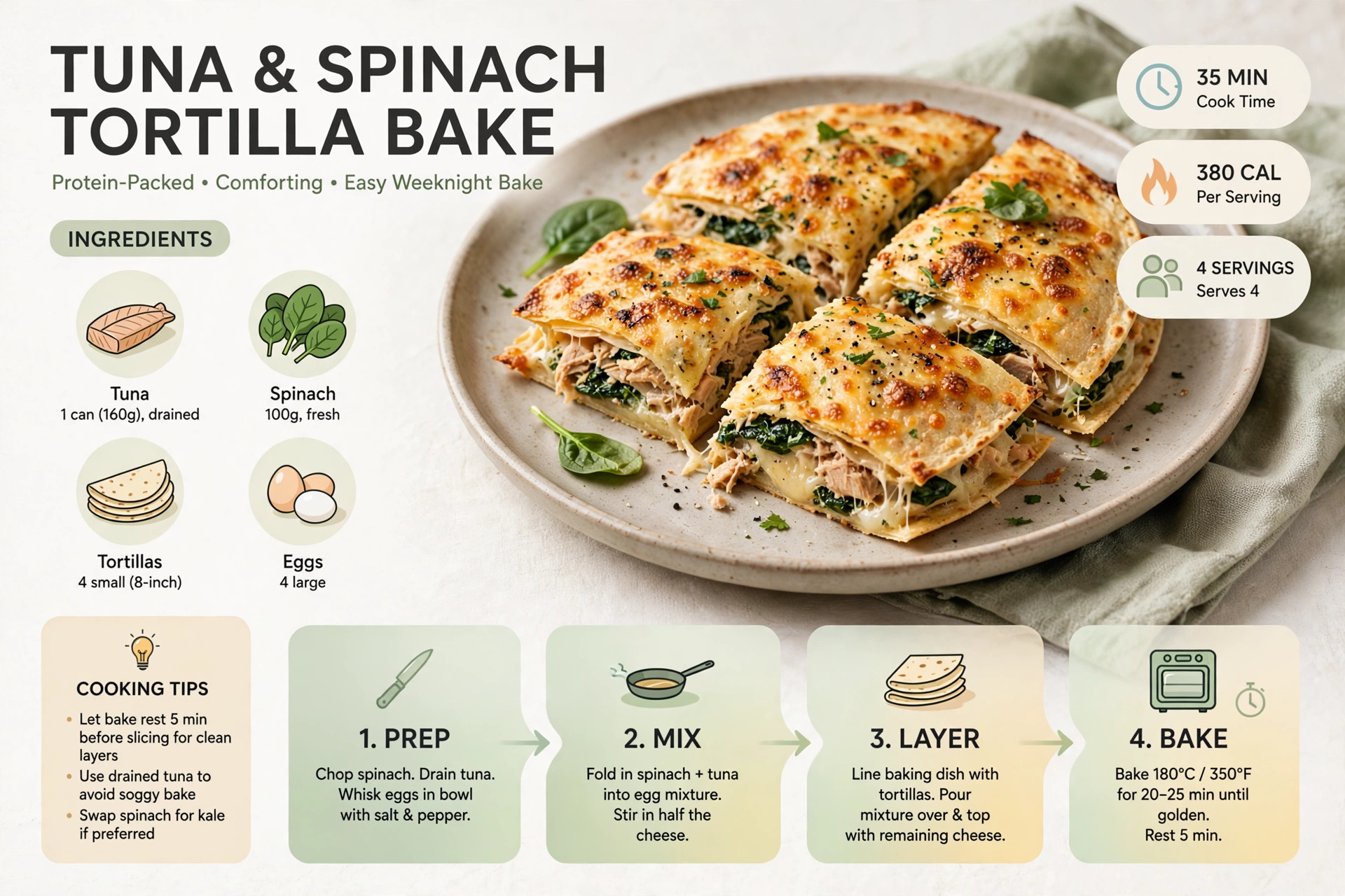 Recipe infographic: Tuna and Spinach Tortilla Bake — ingredients and step-by-step visual guide