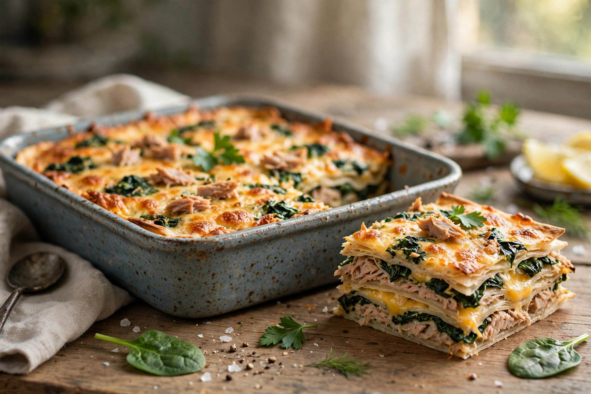 Golden tuna and spinach tortilla bake with bubbling melted cheese